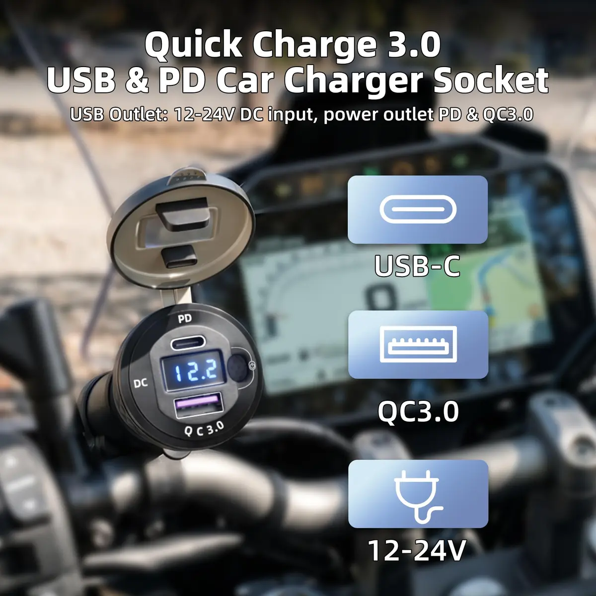 DaierTek Waterproof DIN/Hella USB Charger Adapter 12V | Fast Charging, Blue LED, Motorcycle Compatible - view 3