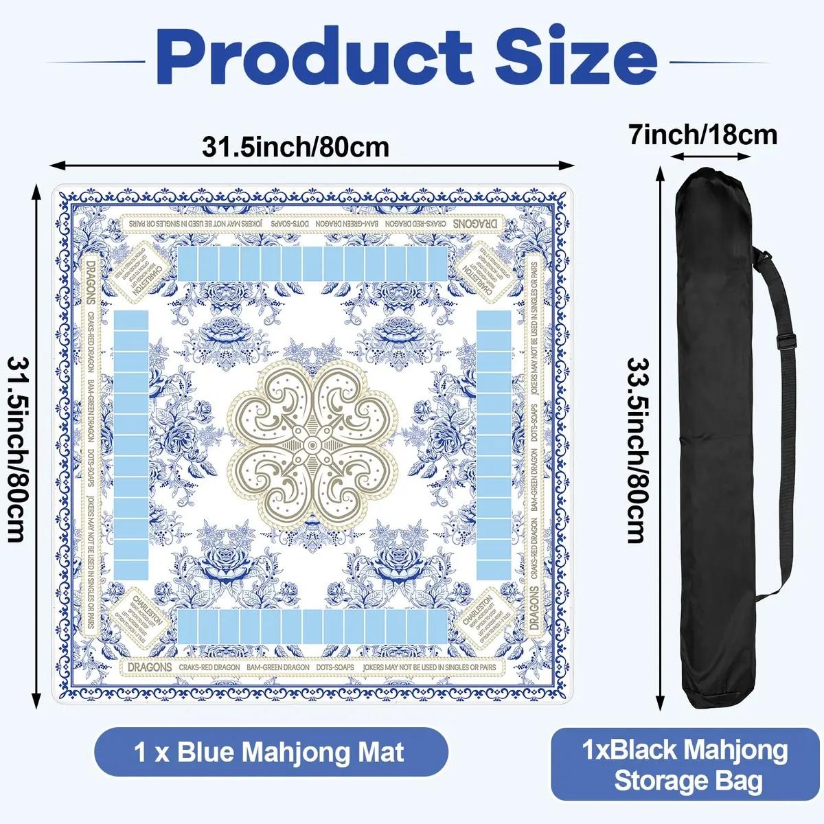 party greeting Chinoiserie Mahjong Mat with Black Carrying Bag 31.5 x 31.5 Inches | Noise & Slip Resistant Game Table Cover - view 2