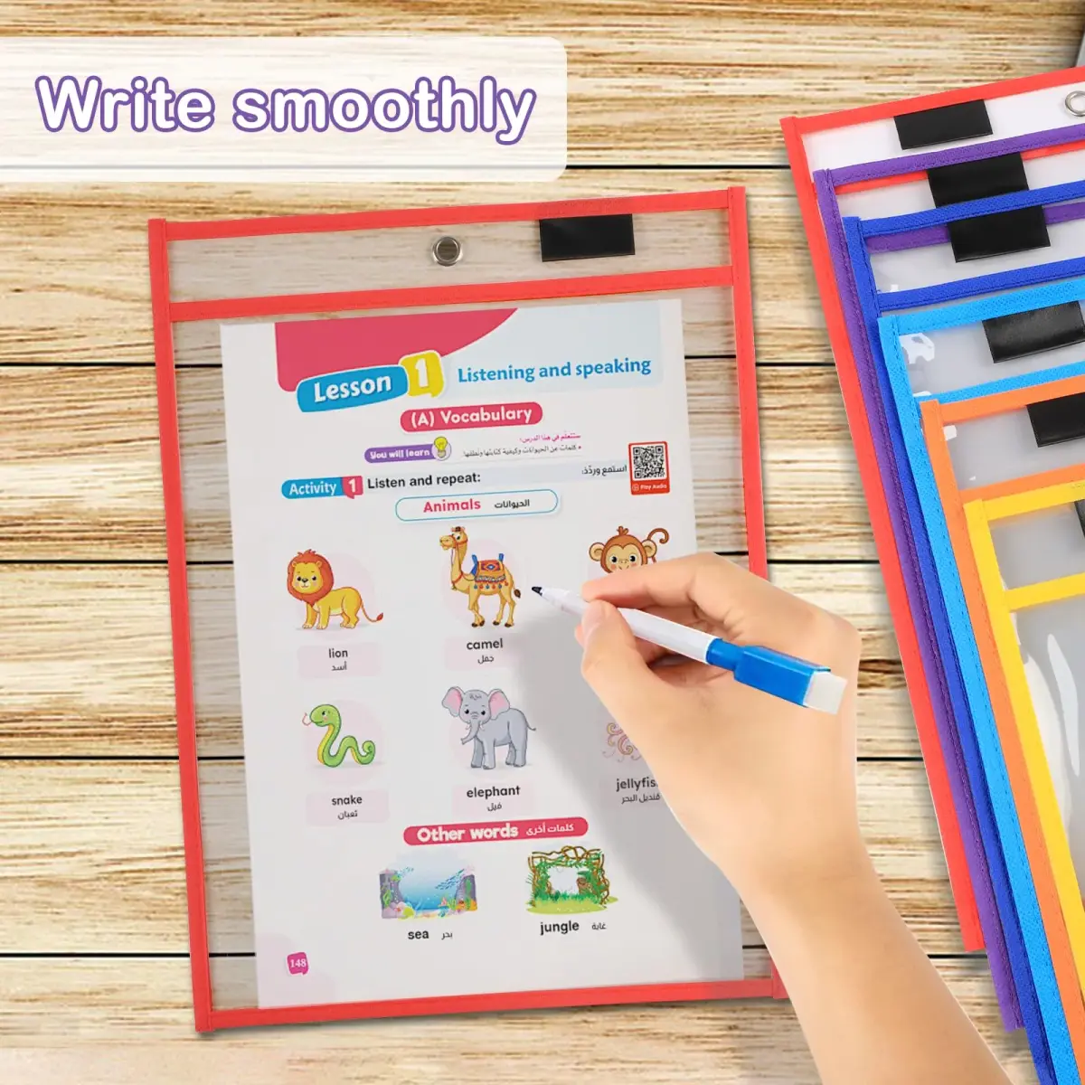 Ufamrine 30 Pcs Dry Erase Pockets Sleeves Colorful, Job Ticket Holders 25cm x 33cm (10" x 13") | Reusable Plastic Sleeves for Teachers - view 5