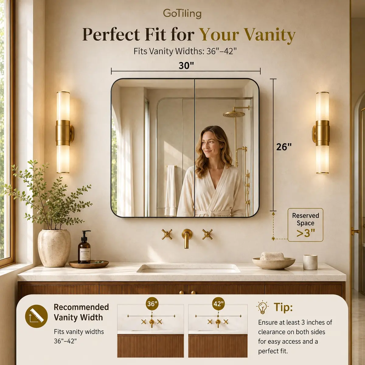 GoTiling 30x26 Black Medicine Cabinet with Mirror, Recessed & Surface Mount | Adjustable Shelves, Aluminum Frame - view 8