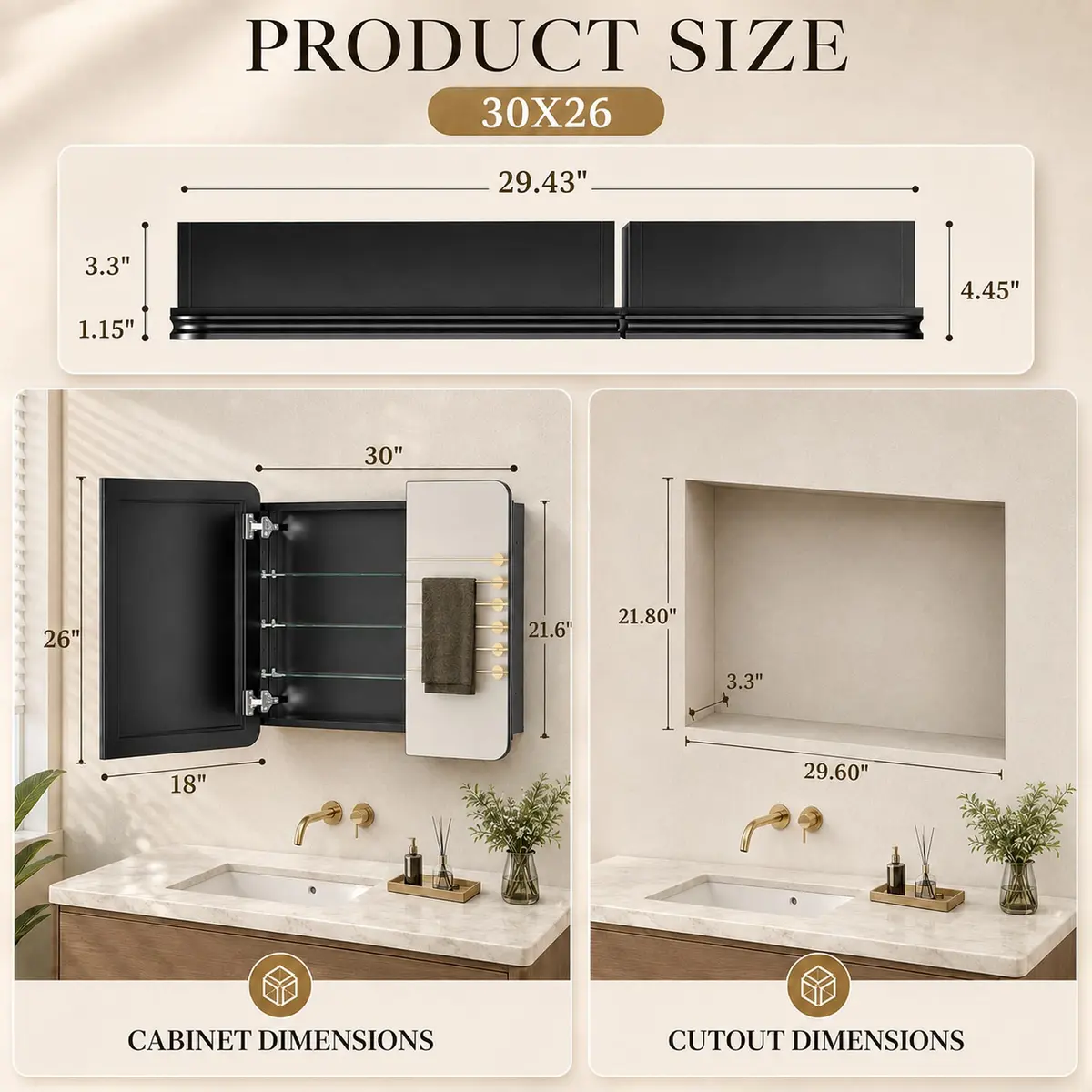 GoTiling 30x26 Black Medicine Cabinet with Mirror, Recessed & Surface Mount | Adjustable Shelves, Aluminum Frame - view 2