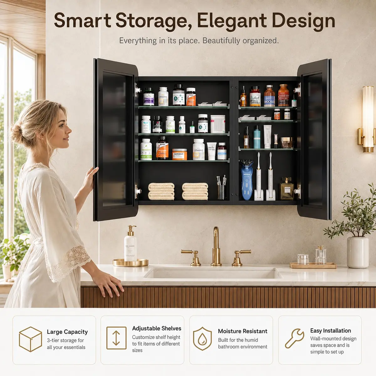 GoTiling 30x26 Black Medicine Cabinet with Mirror, Recessed & Surface Mount | Adjustable Shelves, Aluminum Frame - view 3