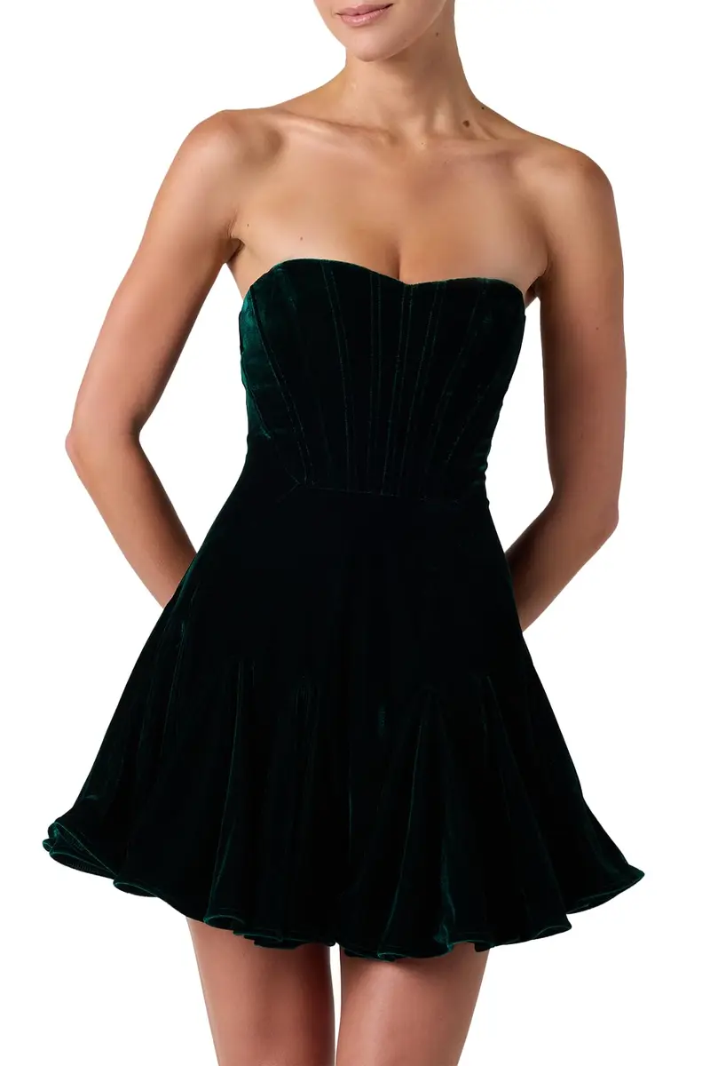Lulus Zarae Corset Velvet Flounce Women’s Strapless Cocktail Dress Emerald | Flirty Velvet Mini for Parties - main product image