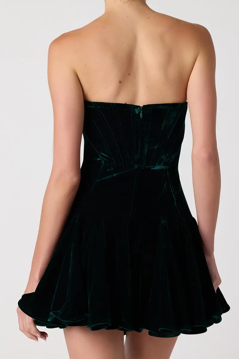 Lulus Zarae Corset Velvet Flounce Women’s Strapless Cocktail Dress Emerald | Flirty Velvet Mini for Parties - view 2
