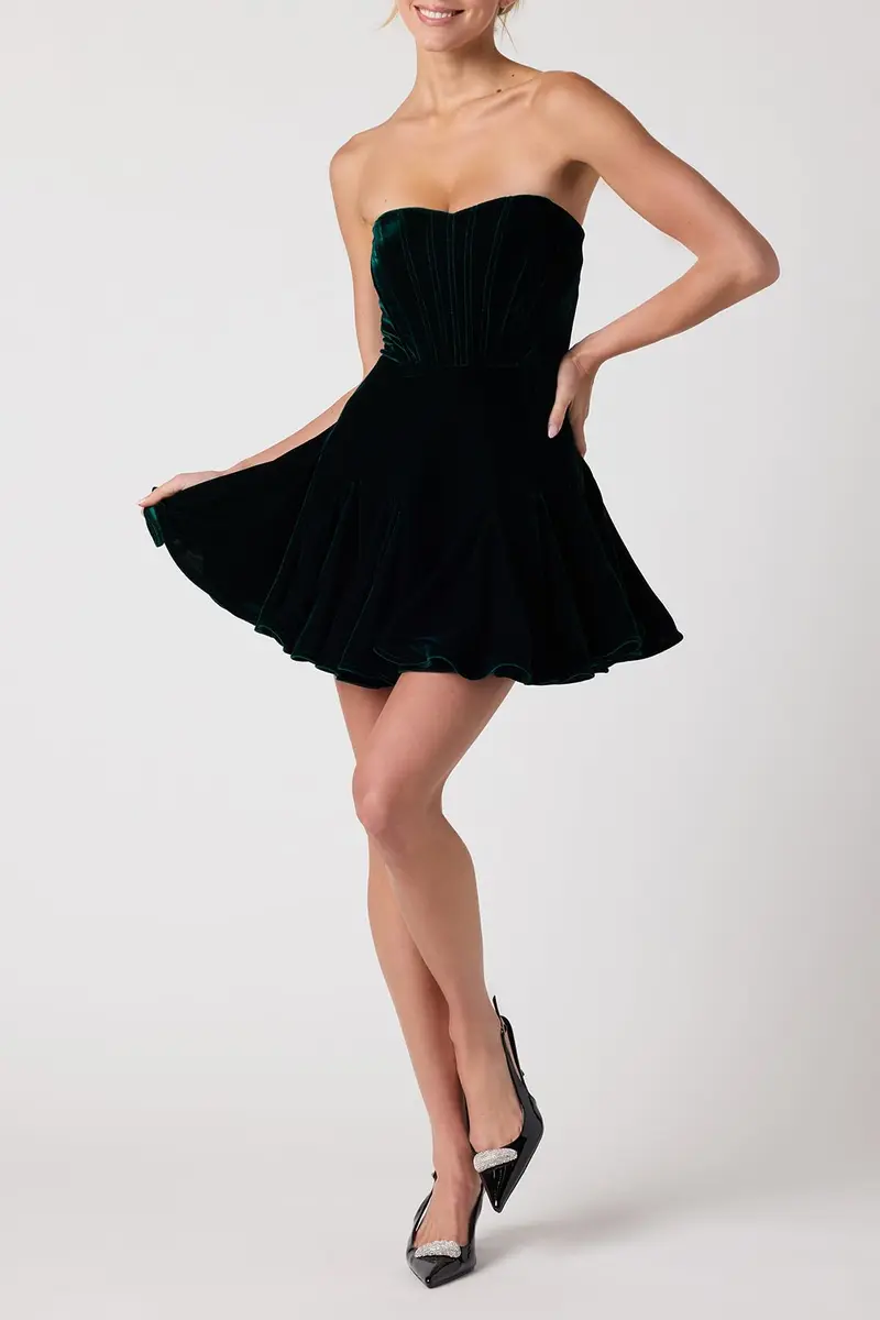 Lulus Zarae Corset Velvet Flounce Women’s Strapless Cocktail Dress Emerald | Flirty Velvet Mini for Parties - view 3