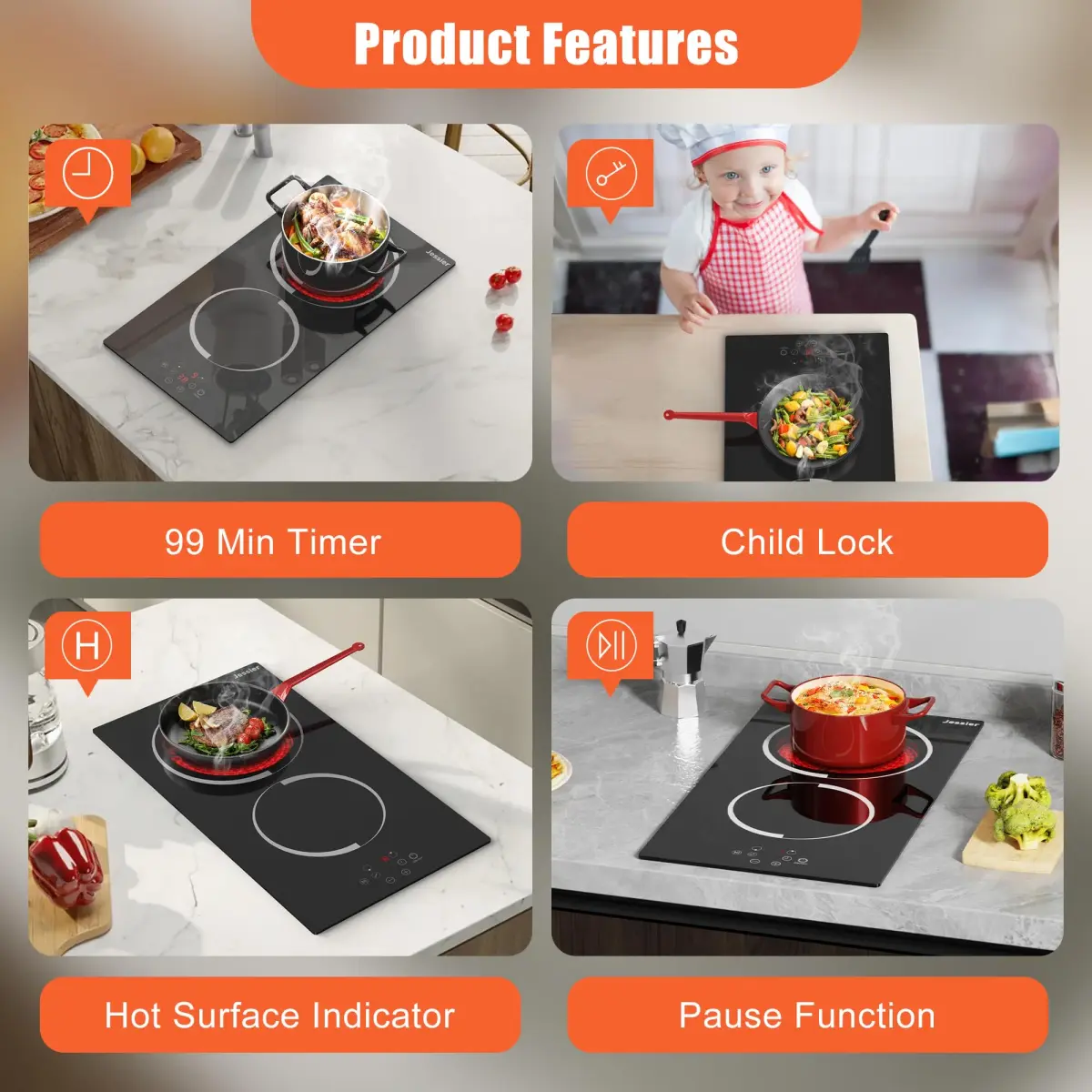 Jessier 2 Burner Electric Cooktop 220V 3000W | Hardwired Drop-In Ceramic Glass Cooktop - view 5