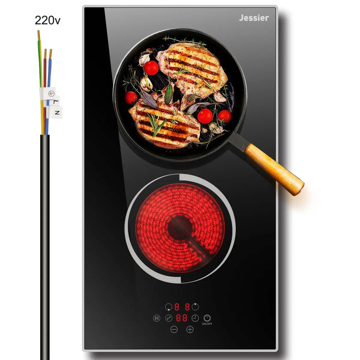 Jessier 2 Burner Electric Cooktop 220V 3000W | Hardwired Drop-In Ceramic Glass Cooktop - main product image