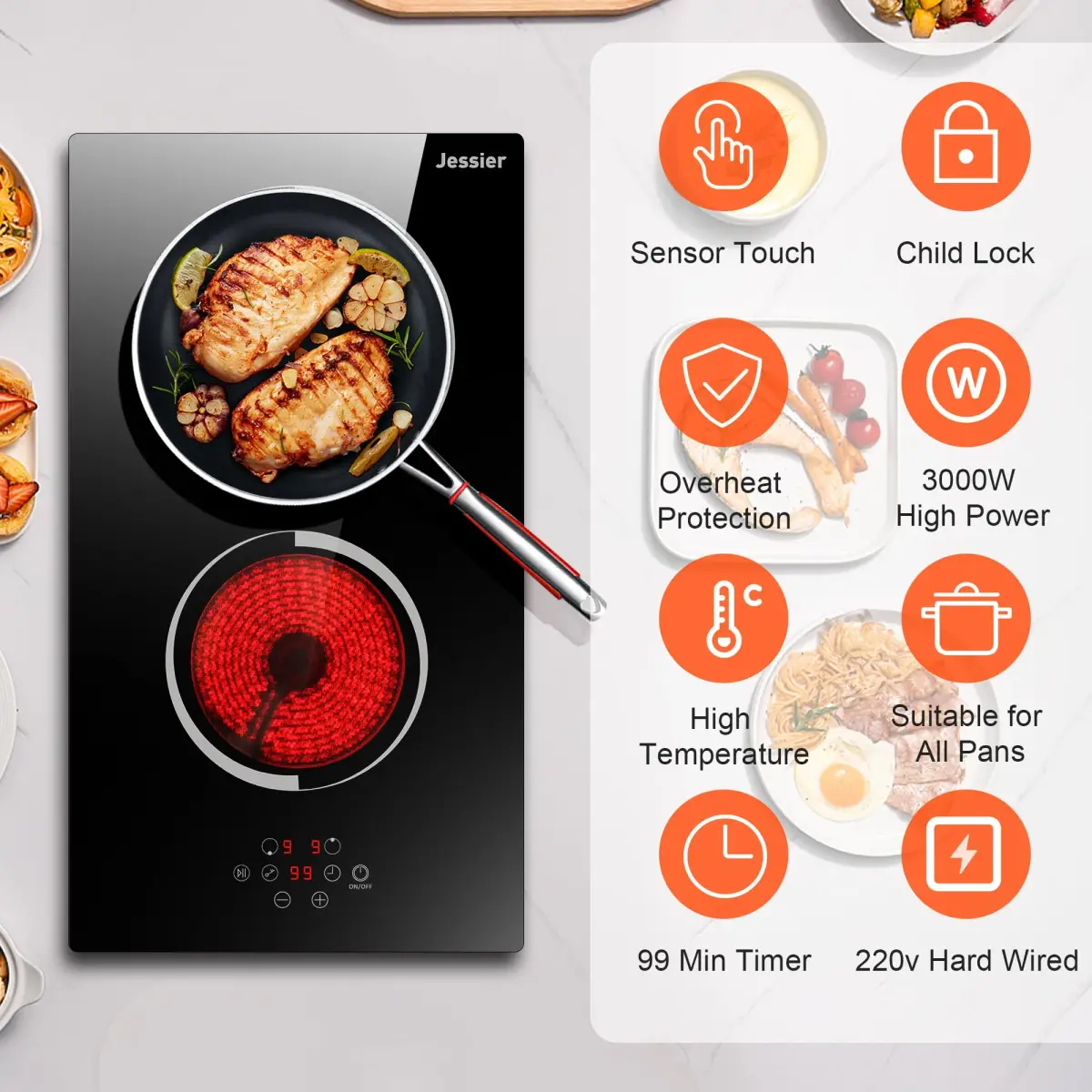 Jessier 2 Burner Electric Cooktop 220V 3000W | Hardwired Drop-In Ceramic Glass Cooktop - view 2