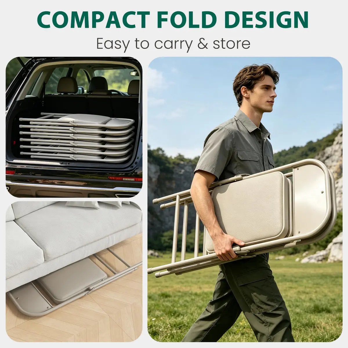 FurniEdge 2 Pack Padded Folding Chairs | Portable Metal Foldable Chairs with Cushion, PU Leather, Indoor & Outdoor Khaki - view 5