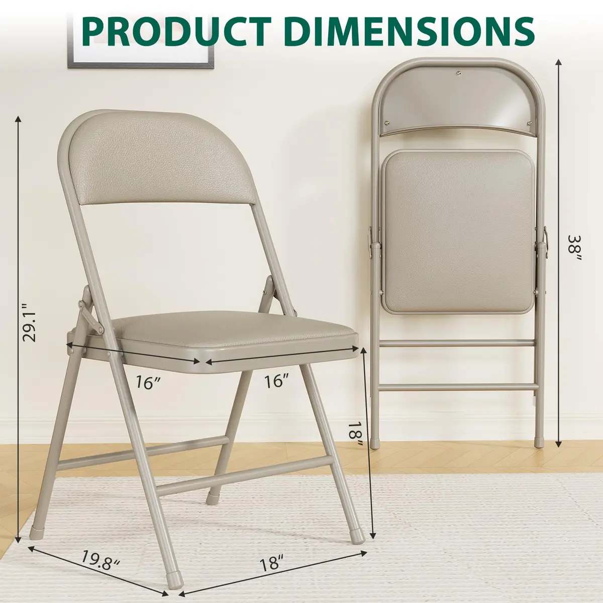 FurniEdge 2 Pack Padded Folding Chairs | Portable Metal Foldable Chairs with Cushion, PU Leather, Indoor & Outdoor Khaki - view 7