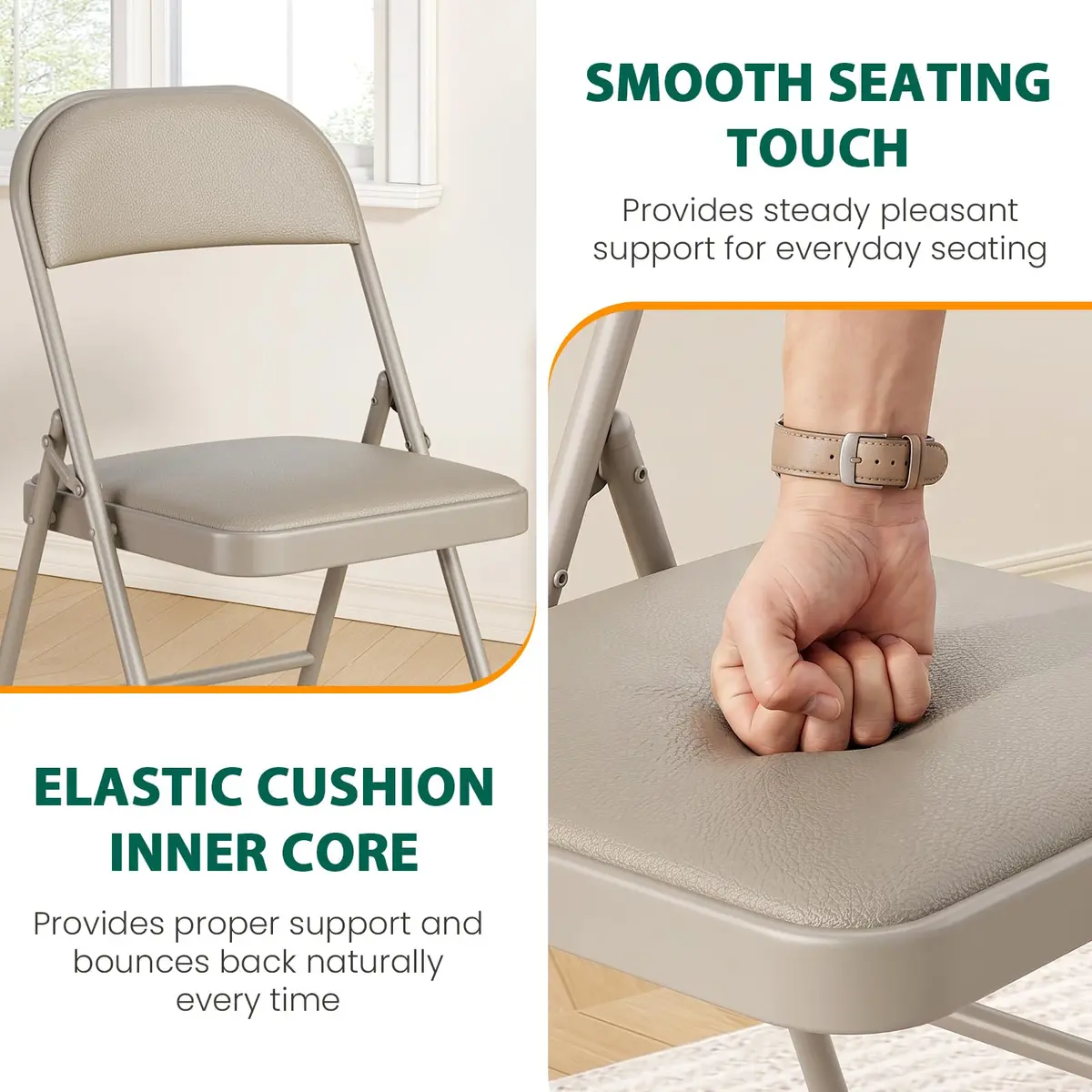 FurniEdge 2 Pack Padded Folding Chairs | Portable Metal Foldable Chairs with Cushion, PU Leather, Indoor & Outdoor Khaki - view 4
