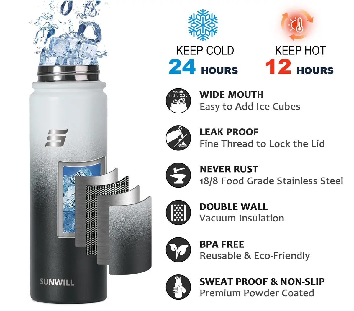 SUNWILL Insulated Water Bottle with Straw & Chug Lid, 22 oz Stainless Steel | Double-Wall Vacuum, Leak-Proof, Powder Coated Finish - view 3