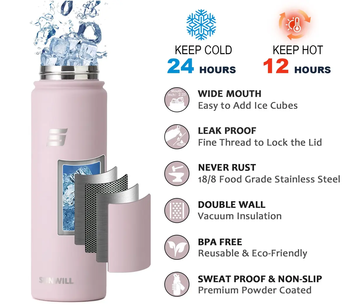 SUNWILL Insulated Water Bottle with Straw & Chug Lid, 22 oz Stainless Steel | Double-Wall Vacuum Insulation for Hot & Cold Drinks - view 3