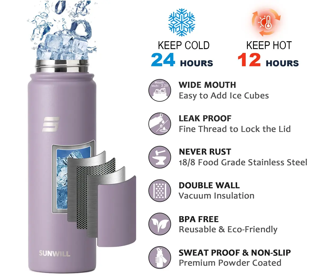 SUNWILL Insulated Water Bottle with Straw & Chug Lid 22 oz | Double-Wall Vacuum Stainless Steel - view 3