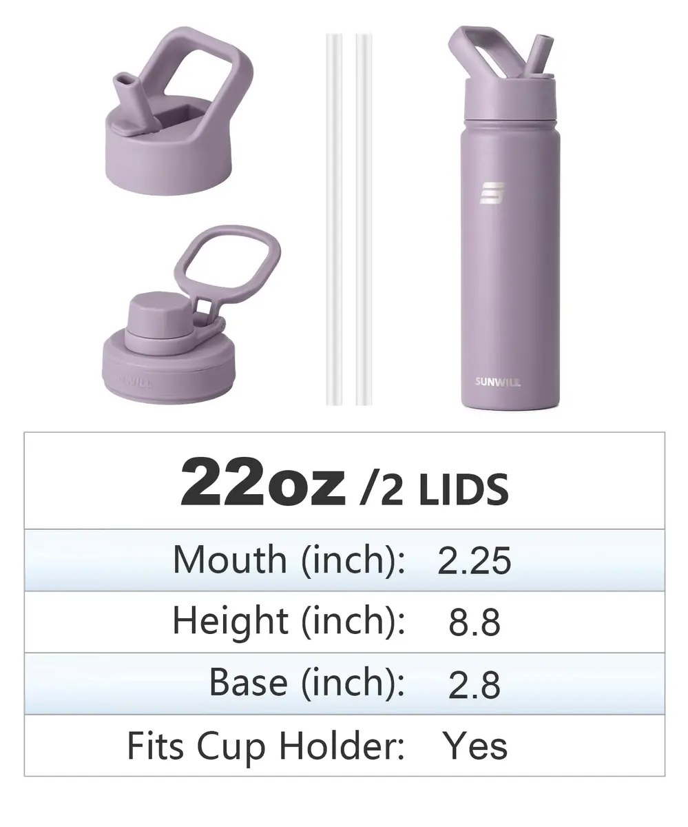 SUNWILL Insulated Water Bottle with Straw & Chug Lid 22 oz | Double-Wall Vacuum Stainless Steel - view 4
