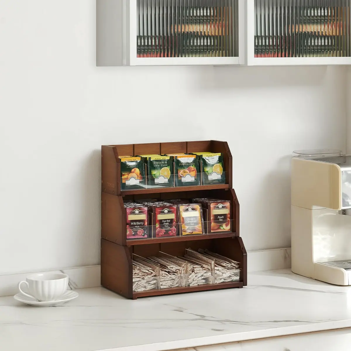 TIOPGHAD 3-Layer Bamboo Tea Bag Organizer Storage Holder, Brown | Stackable, Removable Compartments, 260 Tea Bags Capacity - view 4