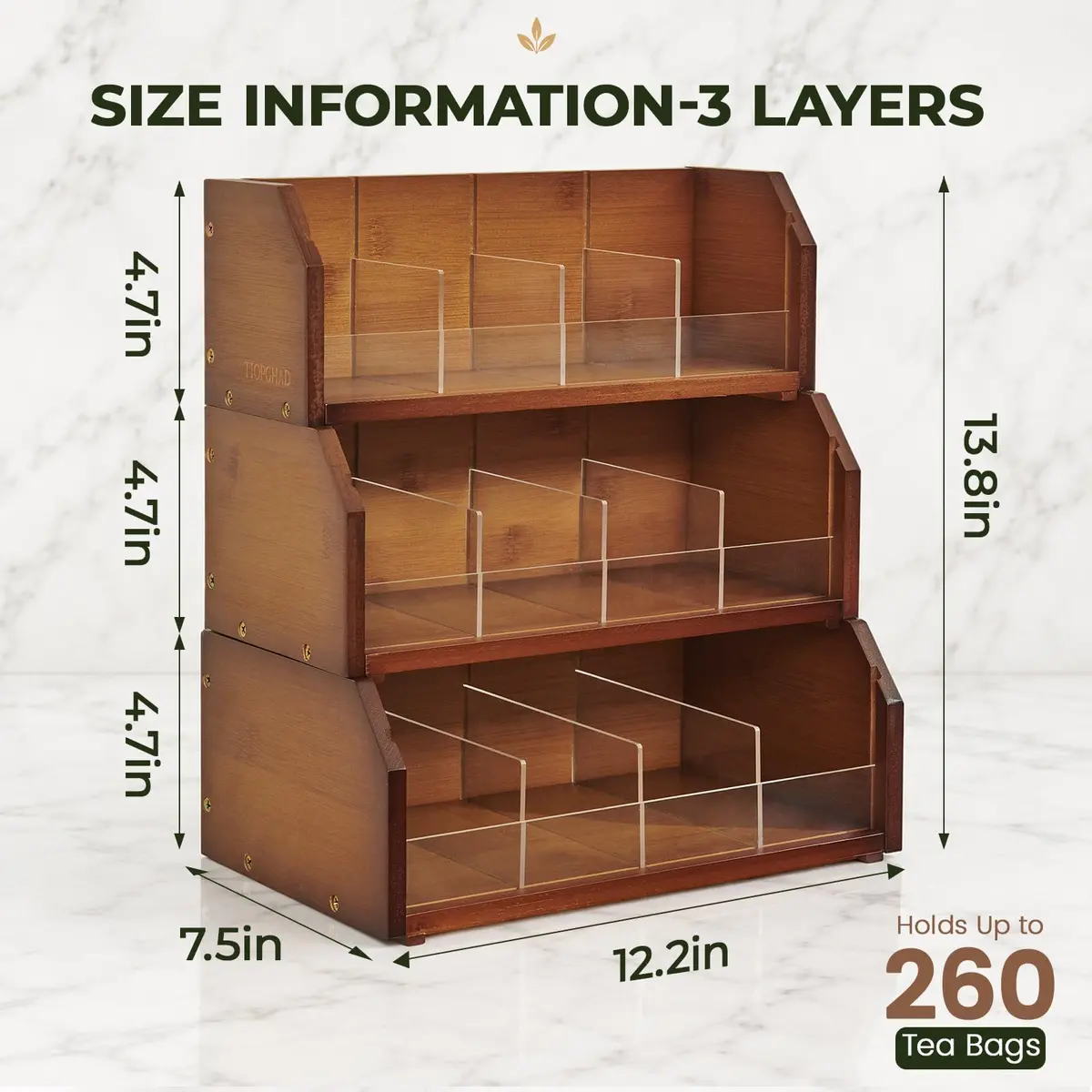 TIOPGHAD 3-Layer Bamboo Tea Bag Organizer Storage Holder, Brown | Stackable, Removable Compartments, 260 Tea Bags Capacity - view 6