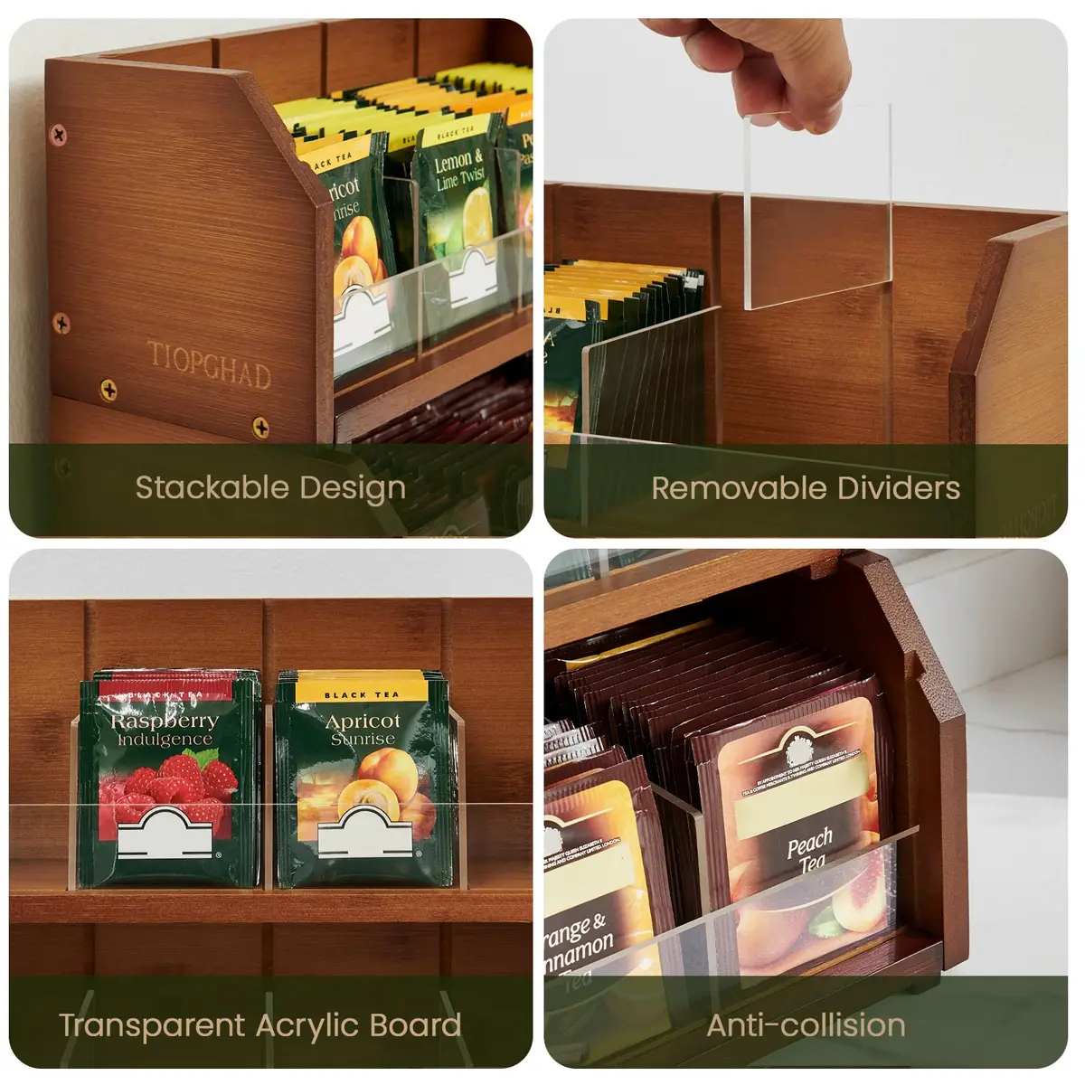 TIOPGHAD 3-Layer Bamboo Tea Bag Organizer Storage Holder, Brown | Stackable, Removable Compartments, 260 Tea Bags Capacity - view 7
