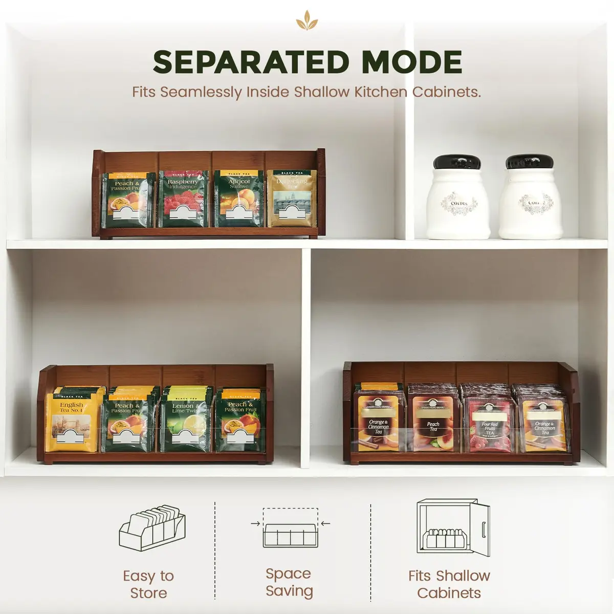 TIOPGHAD 3-Layer Bamboo Tea Bag Organizer Storage Holder, Brown | Stackable, Removable Compartments, 260 Tea Bags Capacity - view 8