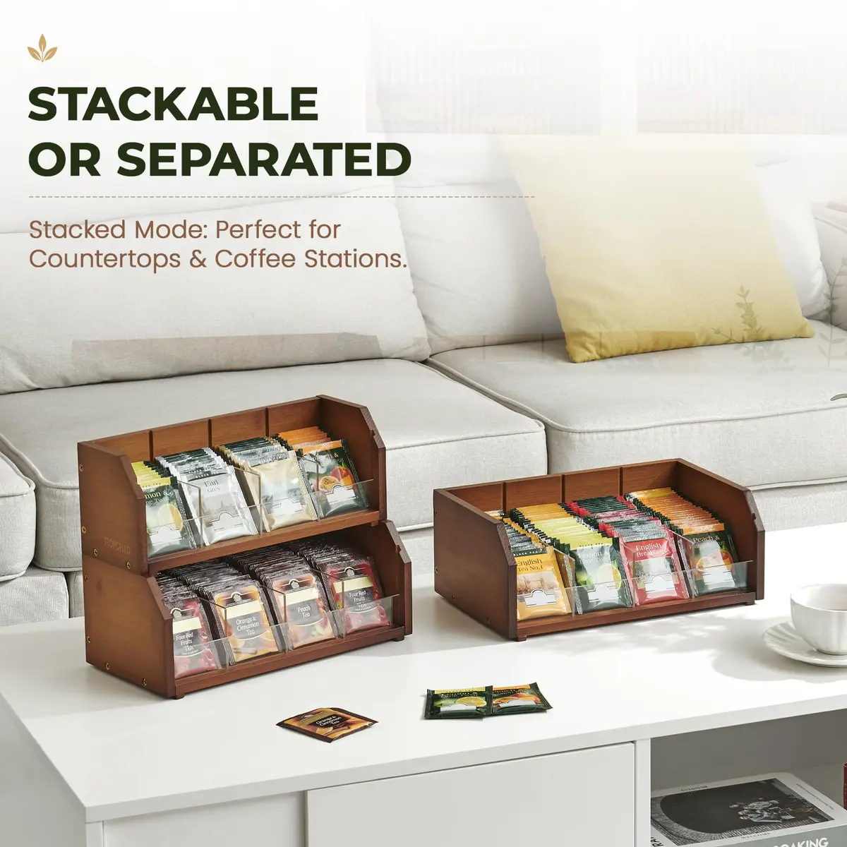 TIOPGHAD 3-Layer Bamboo Tea Bag Organizer Storage Holder, Brown | Stackable, Removable Compartments, 260 Tea Bags Capacity - view 3