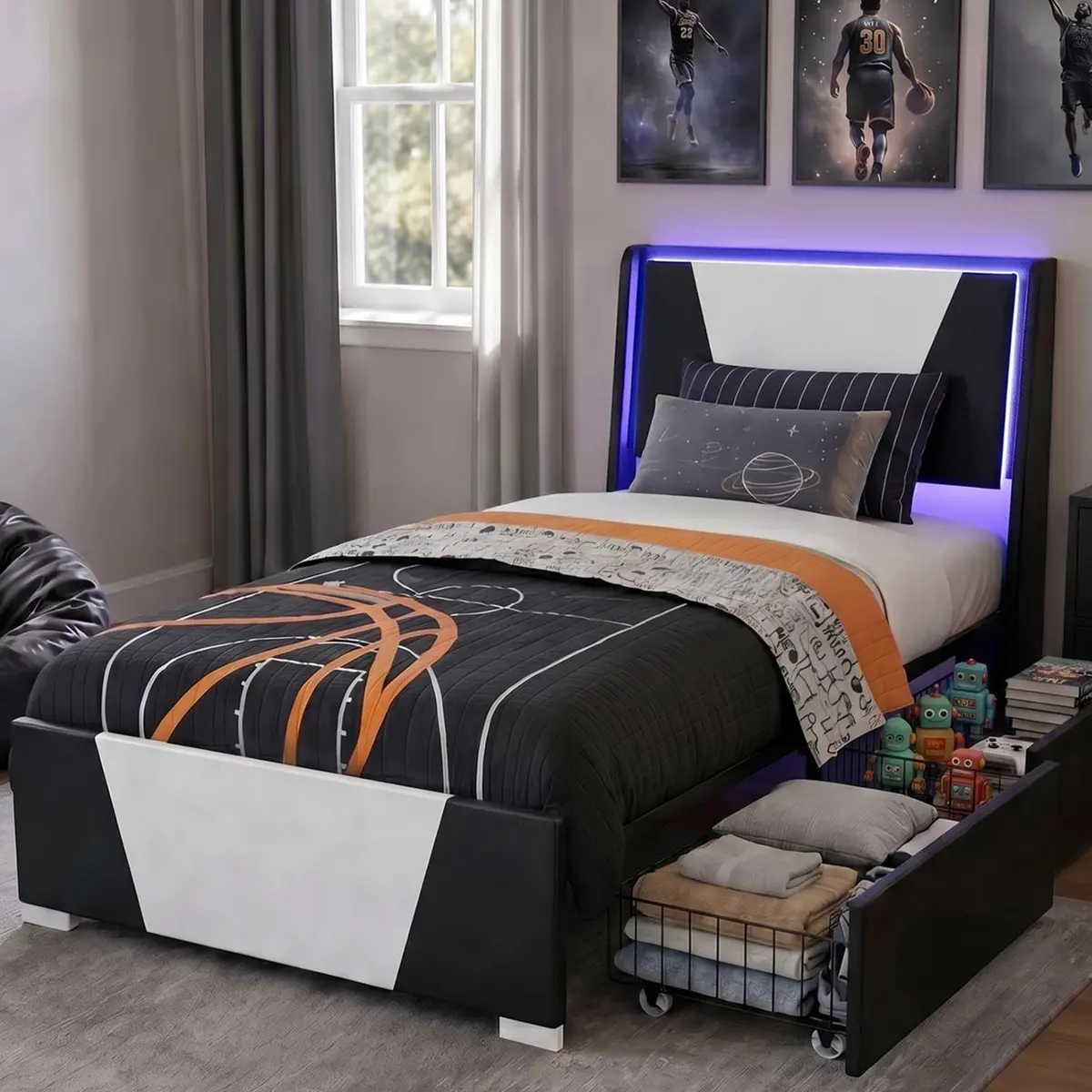 Welzona Twin Bed Frame Upholstered Headboard Led Lights Storage Drawers | Modern Gaming Style - main product image