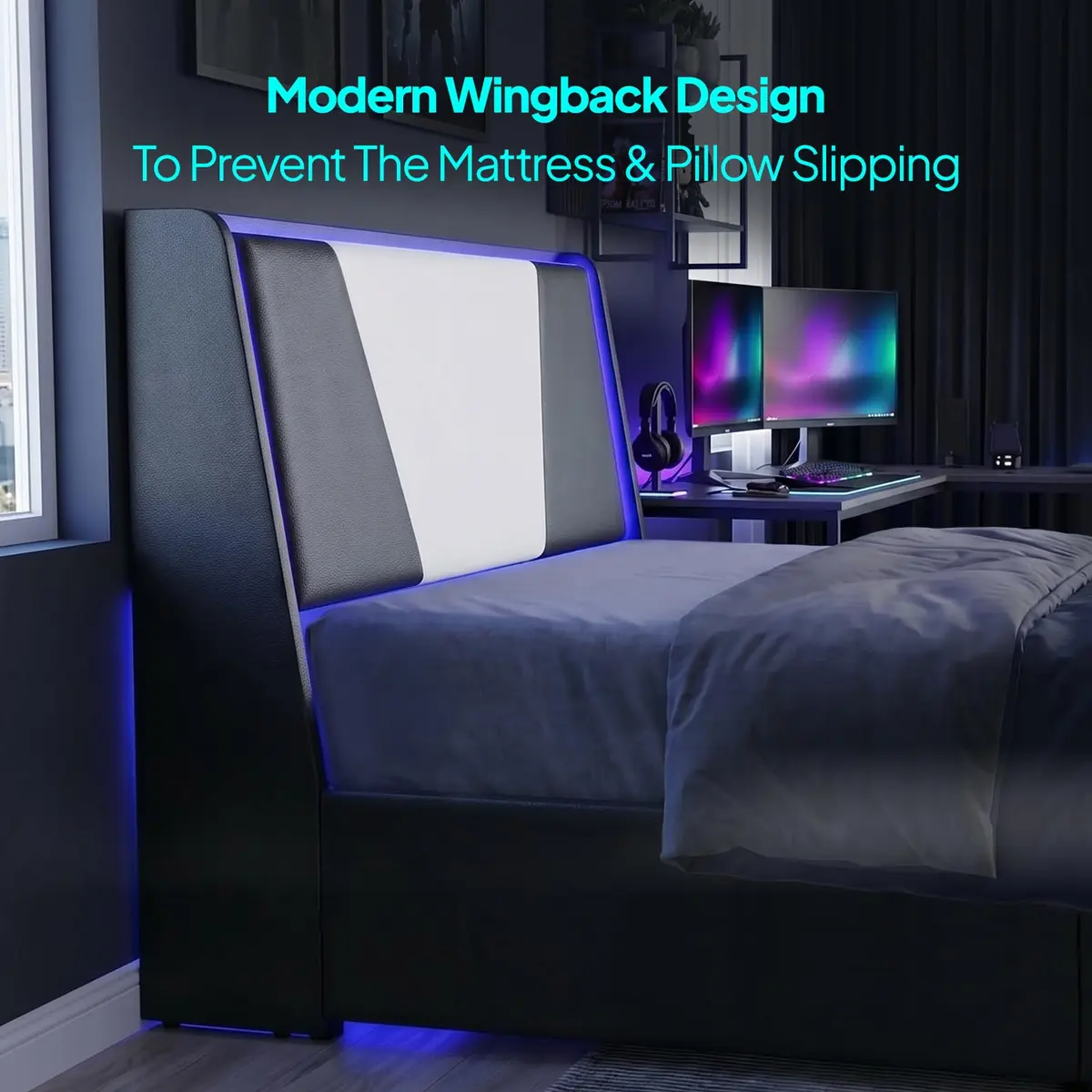 Welzona Twin Bed Frame Upholstered Headboard Led Lights Storage Drawers | Modern Gaming Style - view 7