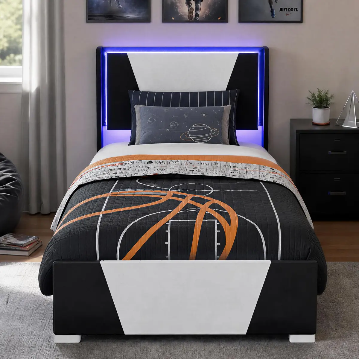 Welzona Twin Bed Frame Upholstered Headboard Led Lights Storage Drawers | Modern Gaming Style - view 8