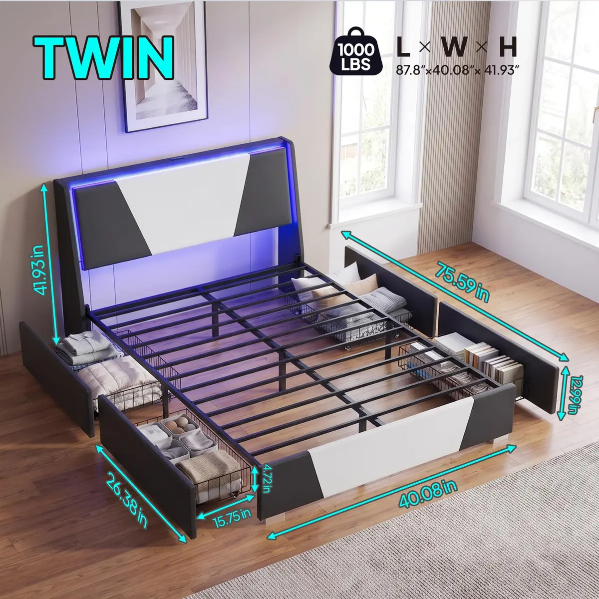 Welzona Twin Bed Frame Upholstered Headboard Led Lights Storage Drawers | Modern Gaming Style - view 9