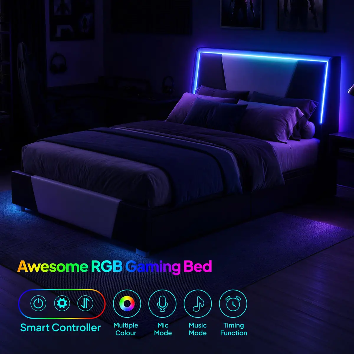 Welzona Twin Bed Frame Upholstered Headboard Led Lights Storage Drawers | Modern Gaming Style - view 2
