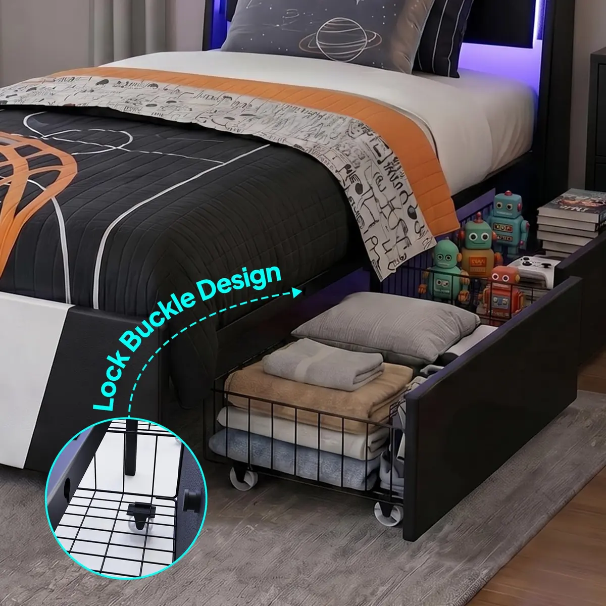 Welzona Twin Bed Frame Upholstered Headboard Led Lights Storage Drawers | Modern Gaming Style - view 3
