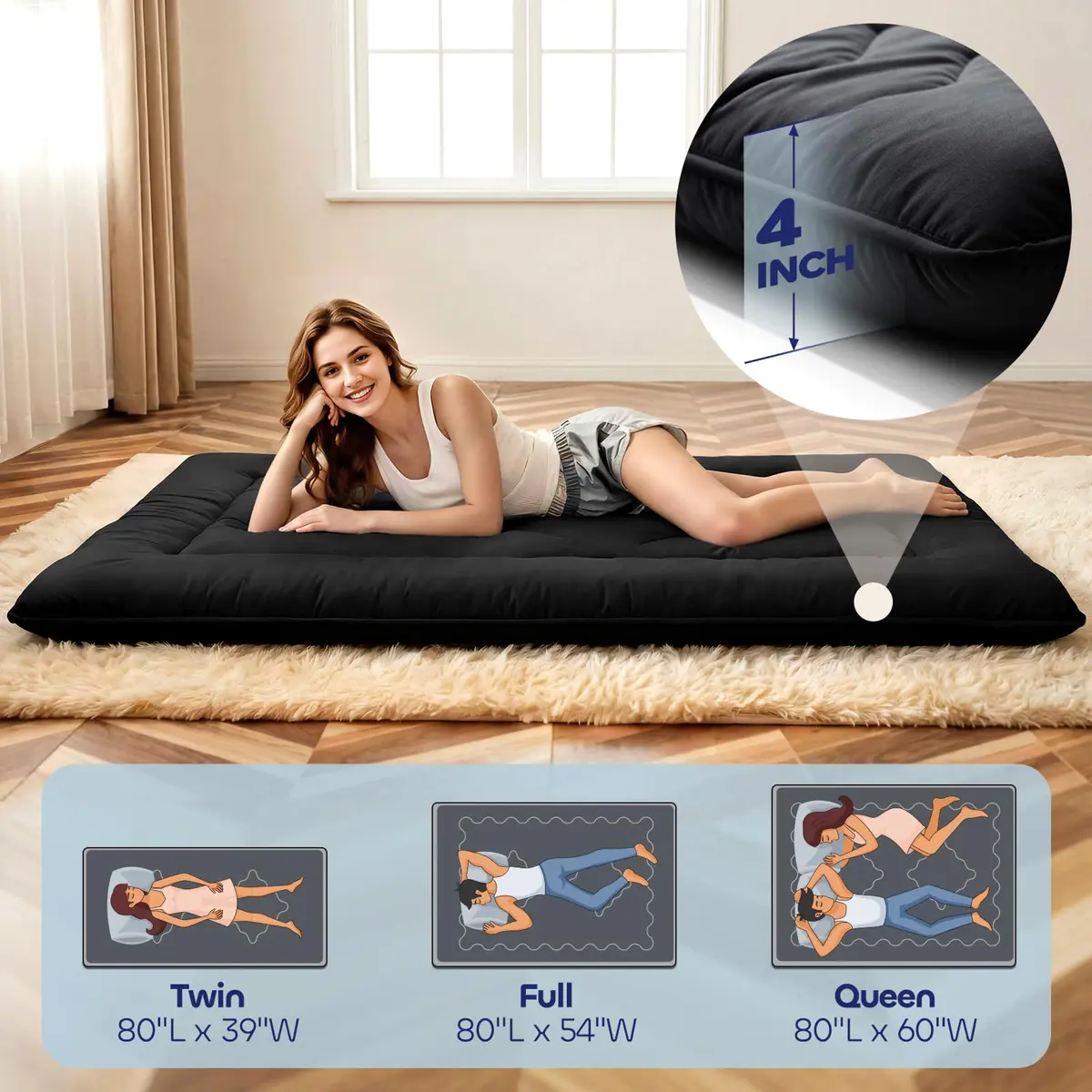 COZYFUZY 4" Thick Japanese Futon Mattress Foldable Floor Mattress for Guests, Dorms & Rooms, Portable Tatami Mat with Firm Support & Carry Strap Full - view 4