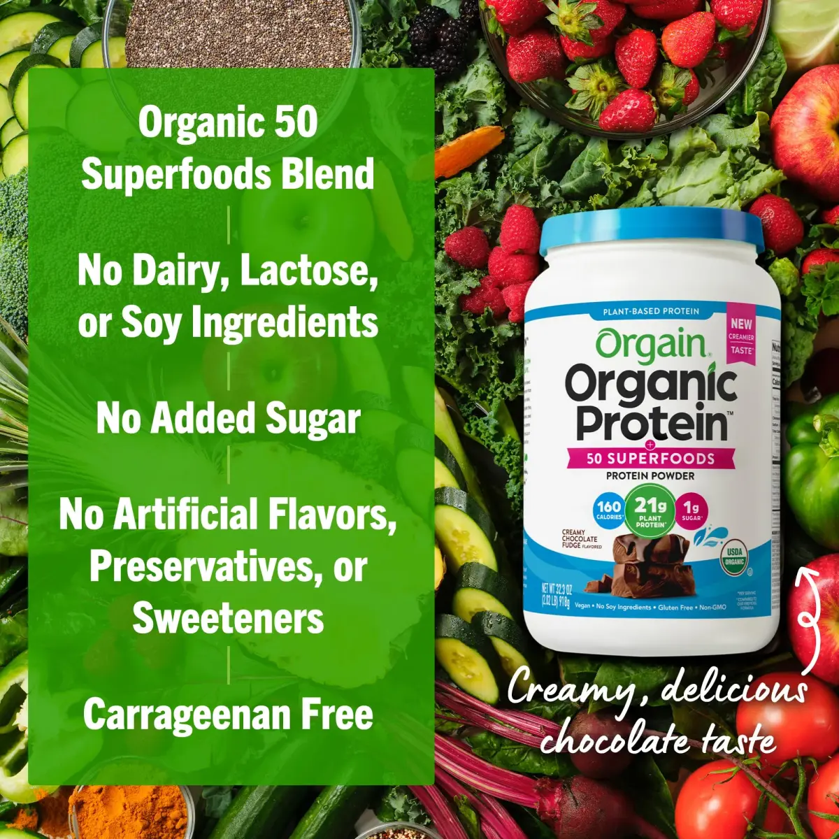 Orgain Organic Vegan Protein + 50 Superfoods Creamy Chocolate Fudge 2.02 lb (916 g) | USDA Organic, 21g Plant Protein, 10g Fiber - view 5