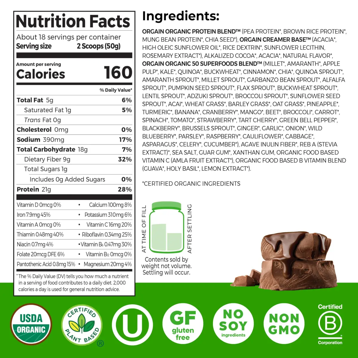 Orgain Organic Vegan Protein + 50 Superfoods Creamy Chocolate Fudge 2.02 lb (916 g) | USDA Organic, 21g Plant Protein, 10g Fiber - view 2