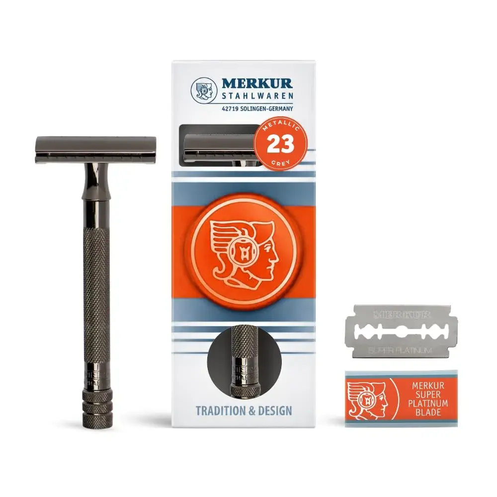 MERKUR 23C Double-Edge Safety Razor for Men, Metallic Grey Long Handle | German Craftsmanship for a Smooth, Plastic-Free Shave - main product image