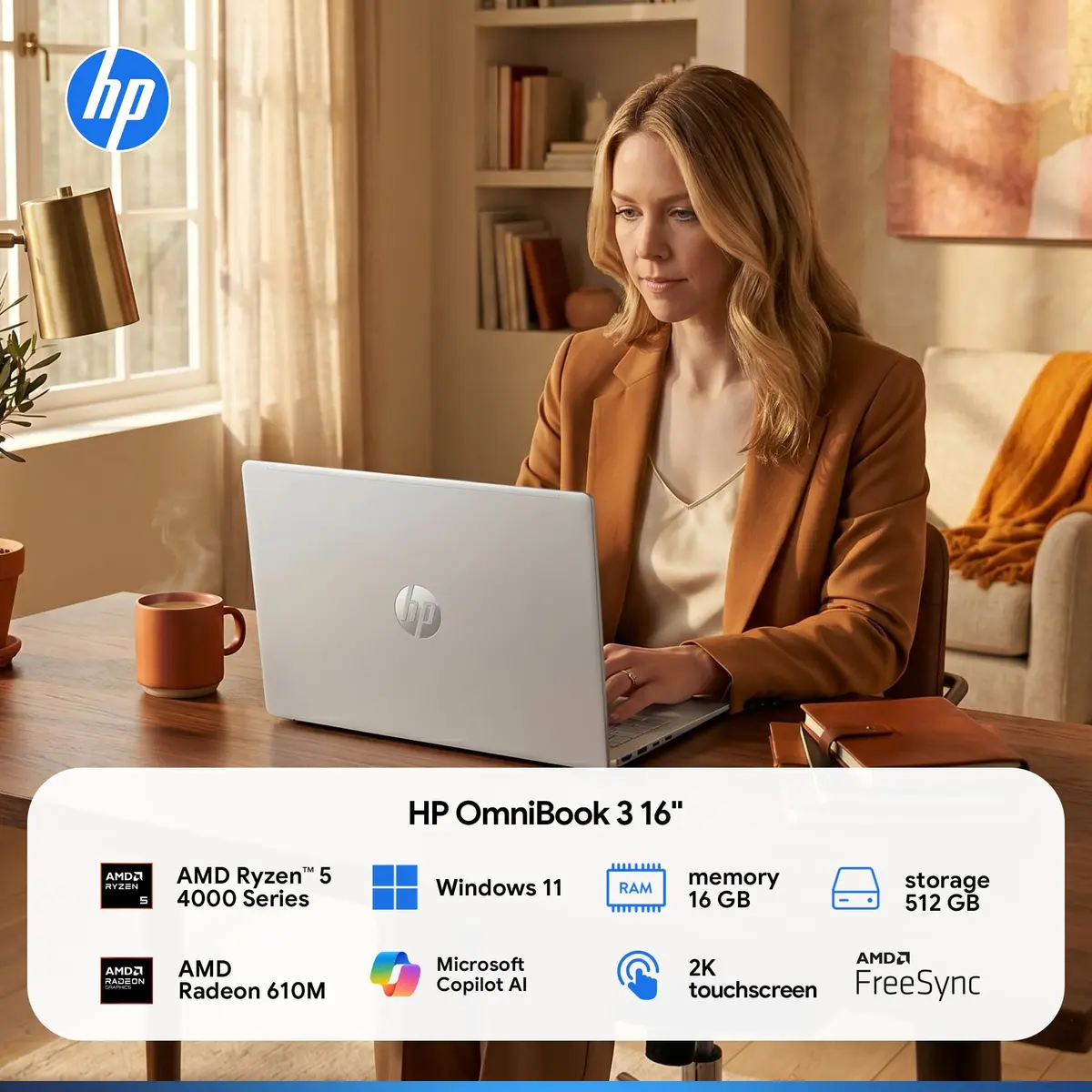 HP OmniBook 3 Flagship 16" 2K Touchscreen Laptop Bundle with Docking Station, AMD Ryzen 5, 16GB RAM, 1TB PCIe SSD, IPS, WiFi 6, AI Copilot, Windows 11 Pro - view 2