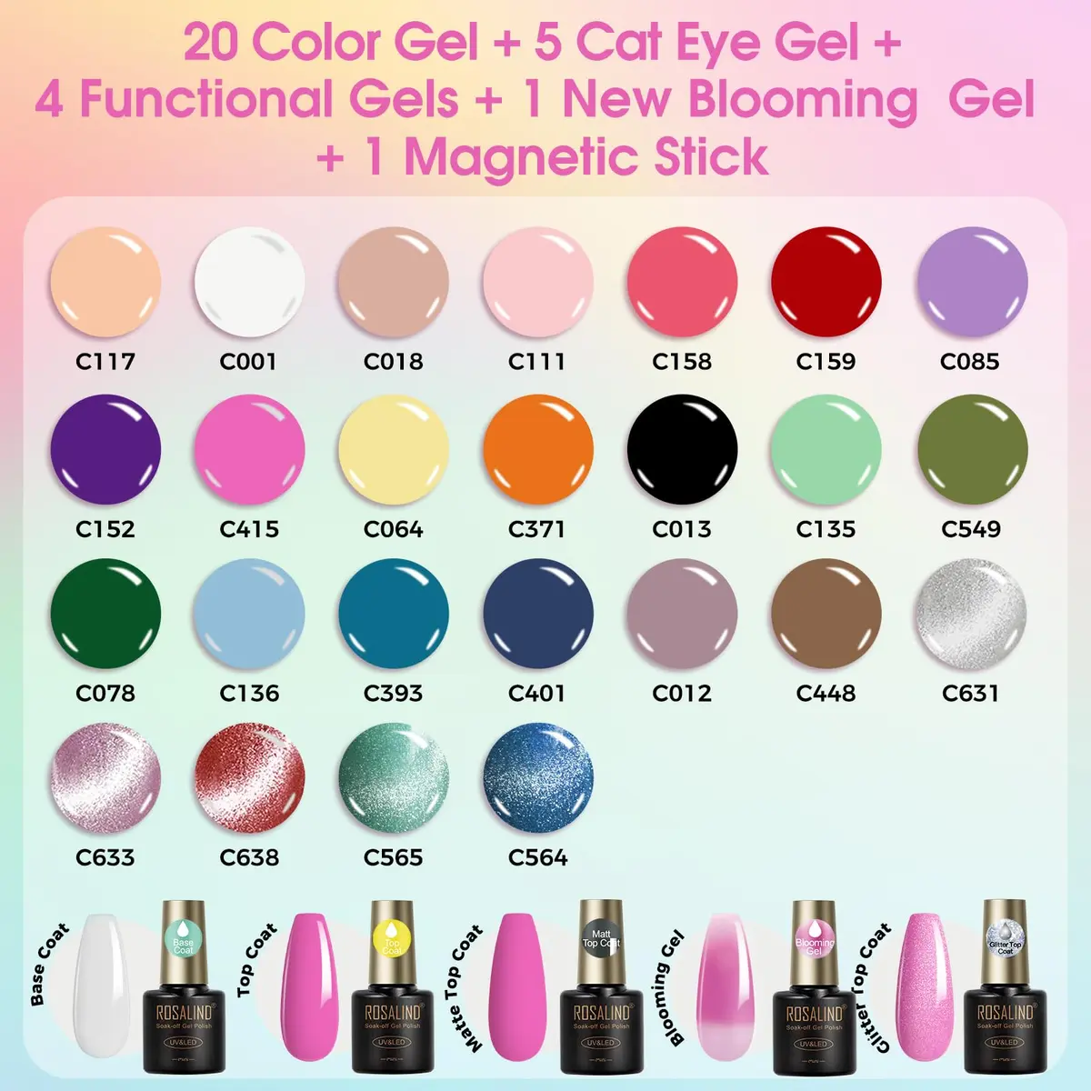 ROSALIND 30pcs Gel Nail Polish Set with Cateye Gel, Base & Top Coats | Salon Quality Manicure at Home - view 2