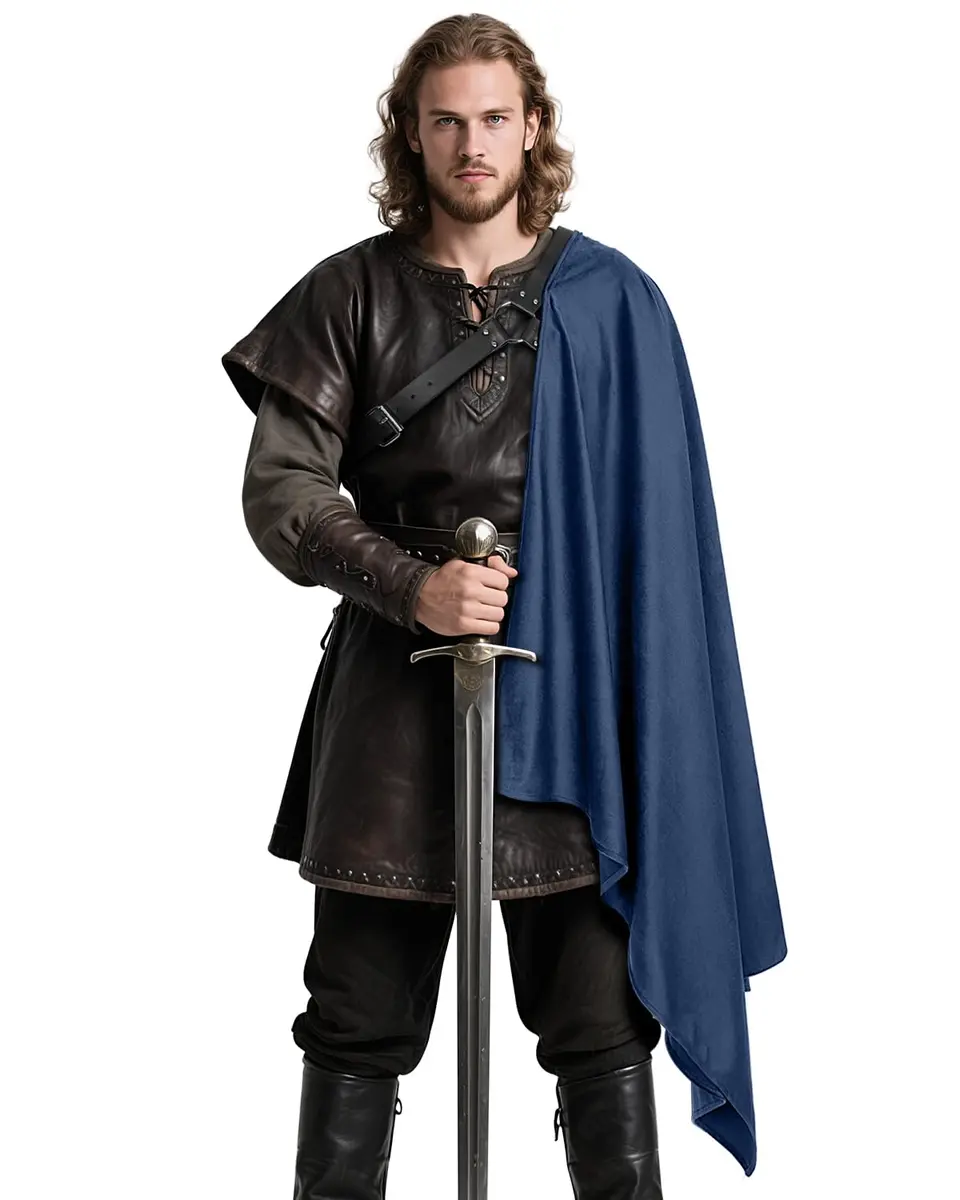 L'VOW Medieval Half Shoulder Cape Knight Cloak with Belt, Blue One Size | Classic Steampunk Cosplay Accessory - main product image