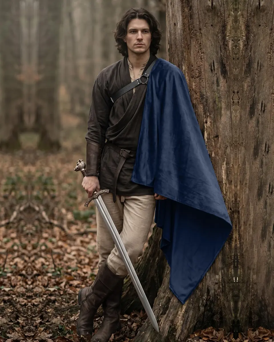 L'VOW Medieval Half Shoulder Cape Knight Cloak with Belt, Blue One Size | Classic Steampunk Cosplay Accessory - view 6
