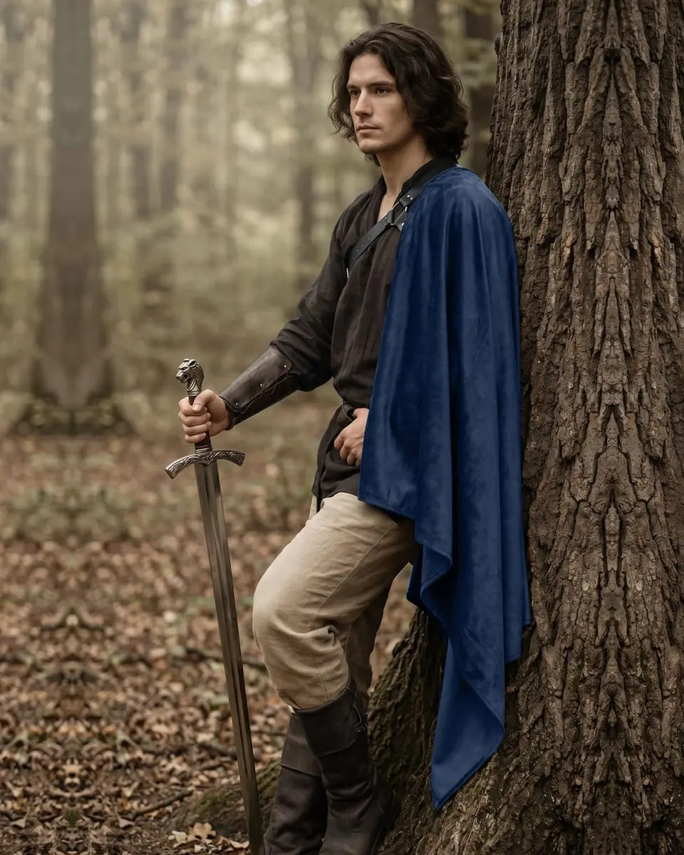 L'VOW Medieval Half Shoulder Cape Knight Cloak with Belt, Blue One Size | Classic Steampunk Cosplay Accessory - view 2