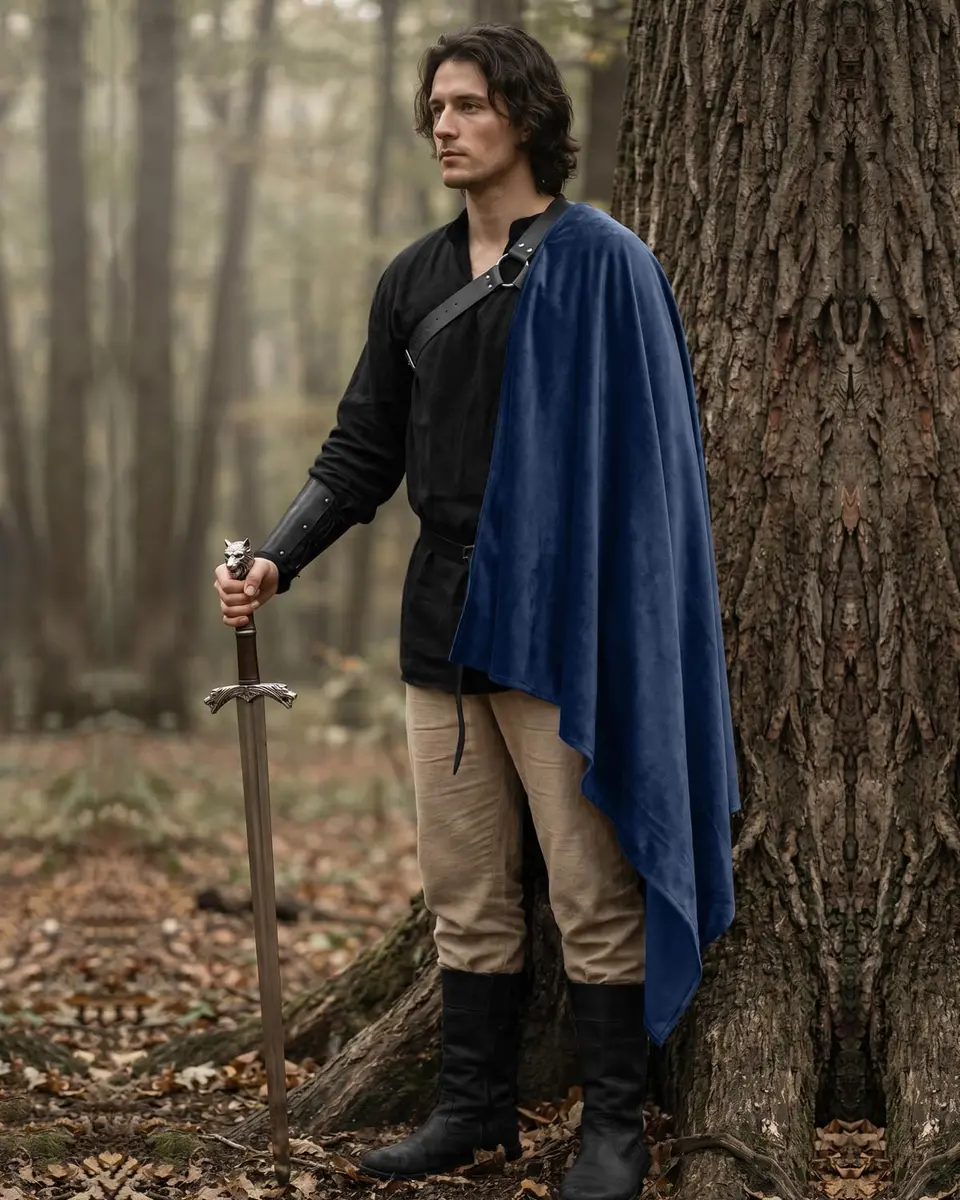 L'VOW Medieval Half Shoulder Cape Knight Cloak with Belt, Blue One Size | Classic Steampunk Cosplay Accessory - view 4