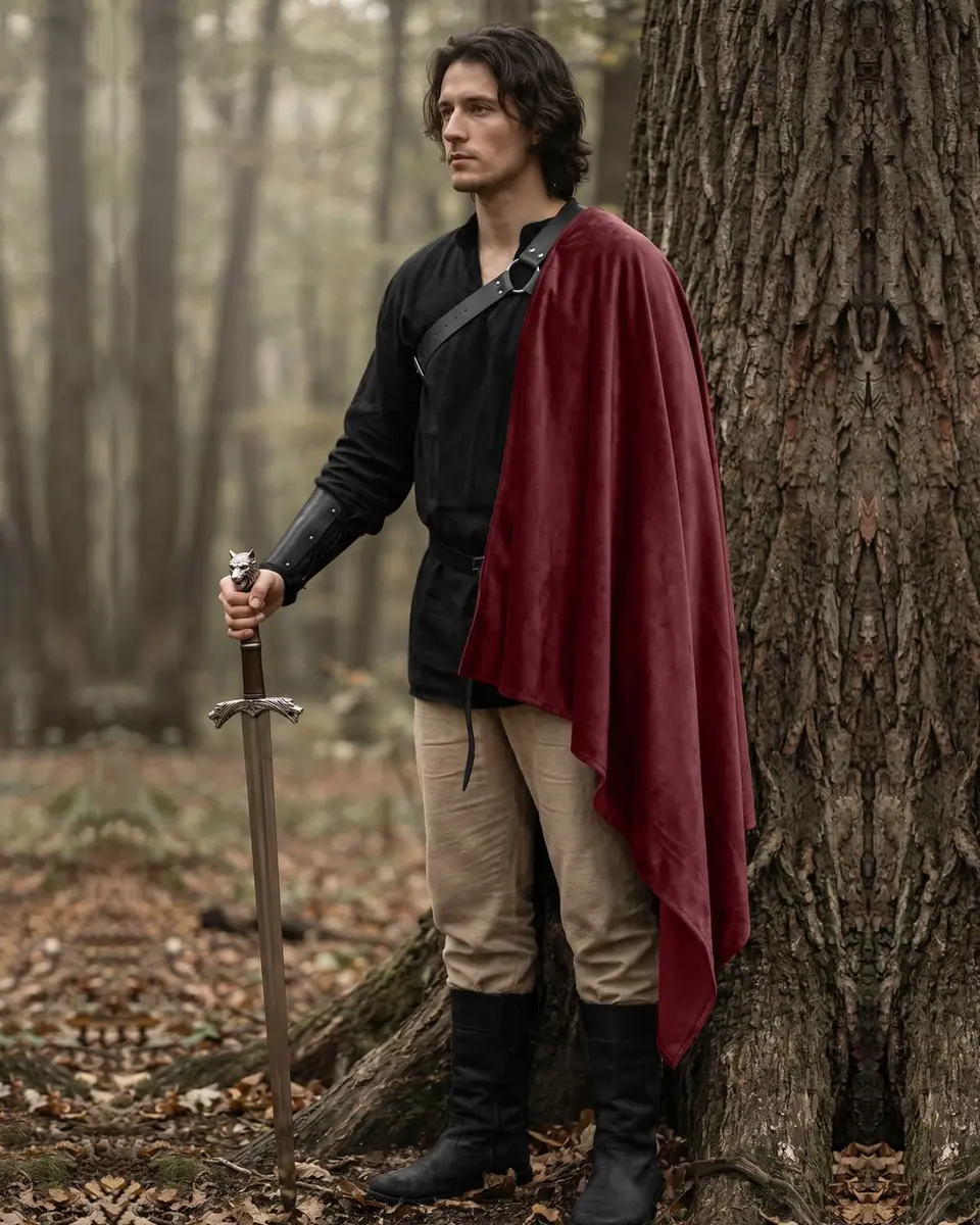 L'VOW Red Medieval Half Shoulder Cape Knight Cloak with Belt, One Size - view 7