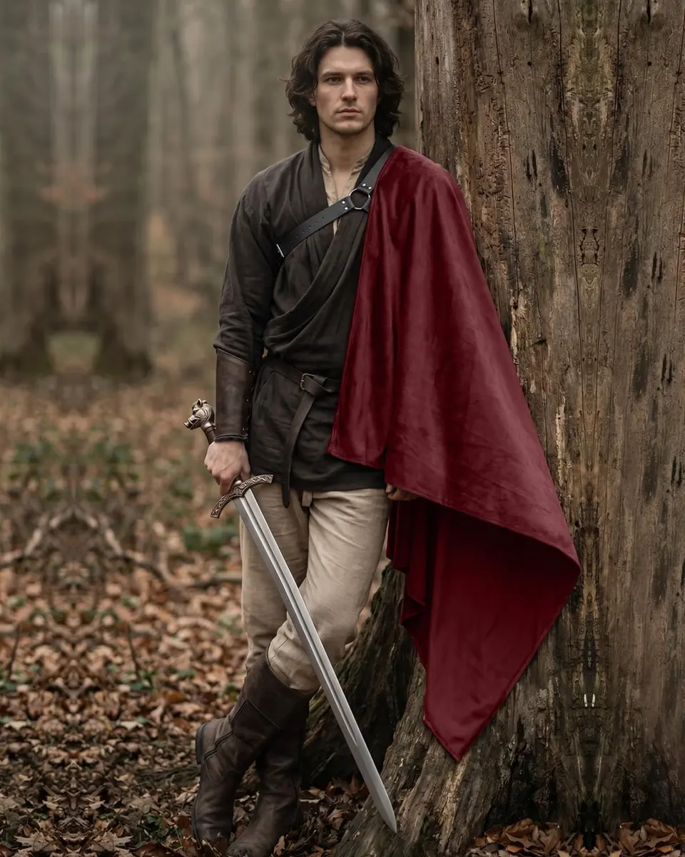 L'VOW Red Medieval Half Shoulder Cape Knight Cloak with Belt, One Size - view 2