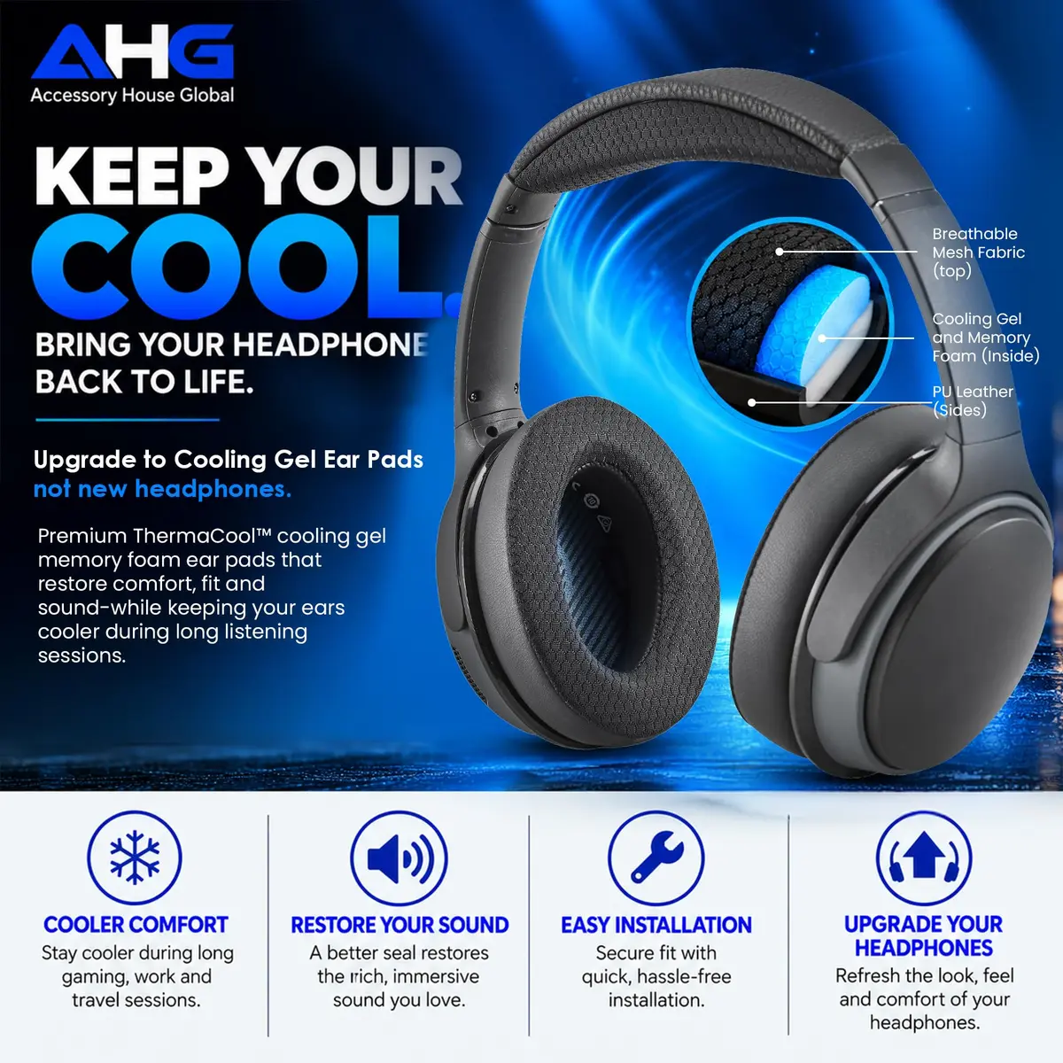 AHG AE2 Cool Gel Ear Pads Compatible with Bose SoundLink ae2 Headphones | Refresh & Stay Cool (120 chars) - view 2