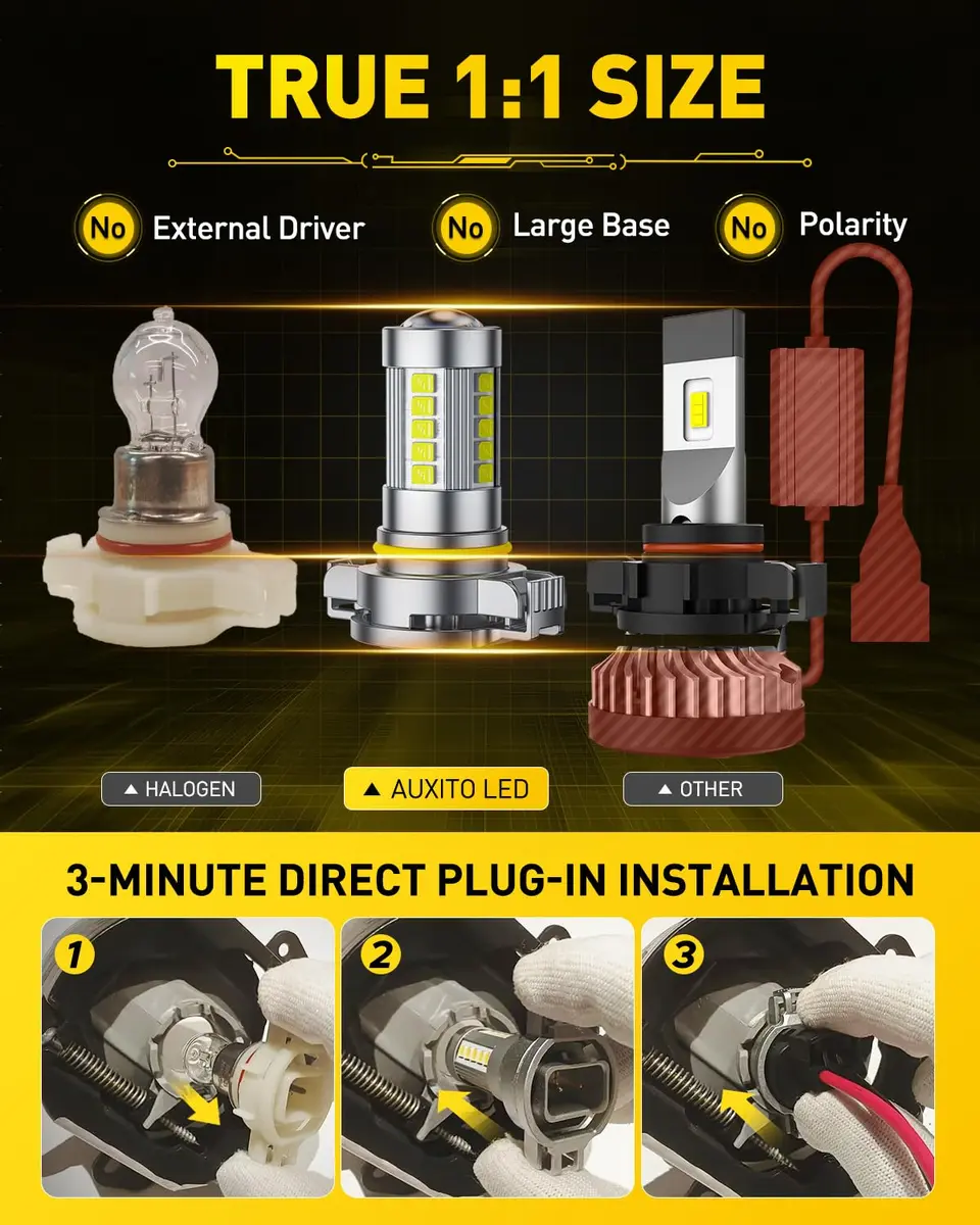 AUXITO 2504/PSX24W LED Fog Light Bulbs 6500K Cool White (2-Pack) | Plug-and-Play Brightness Upgrade - view 4