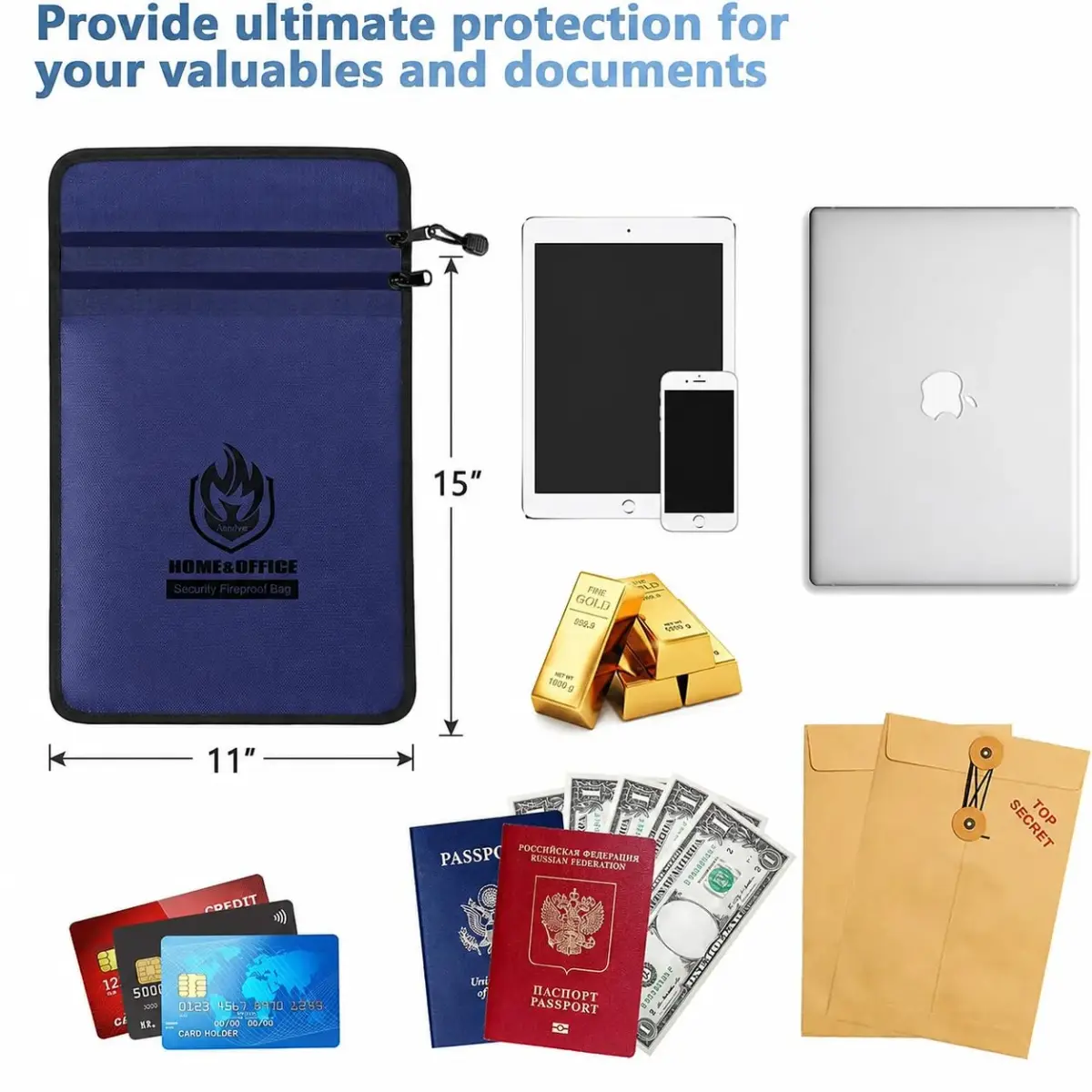 andyer Fireproof Document Bag 38cm x 28cm (15"x11") | UL Certified Fire & Water Resistant for Valuables - view 2