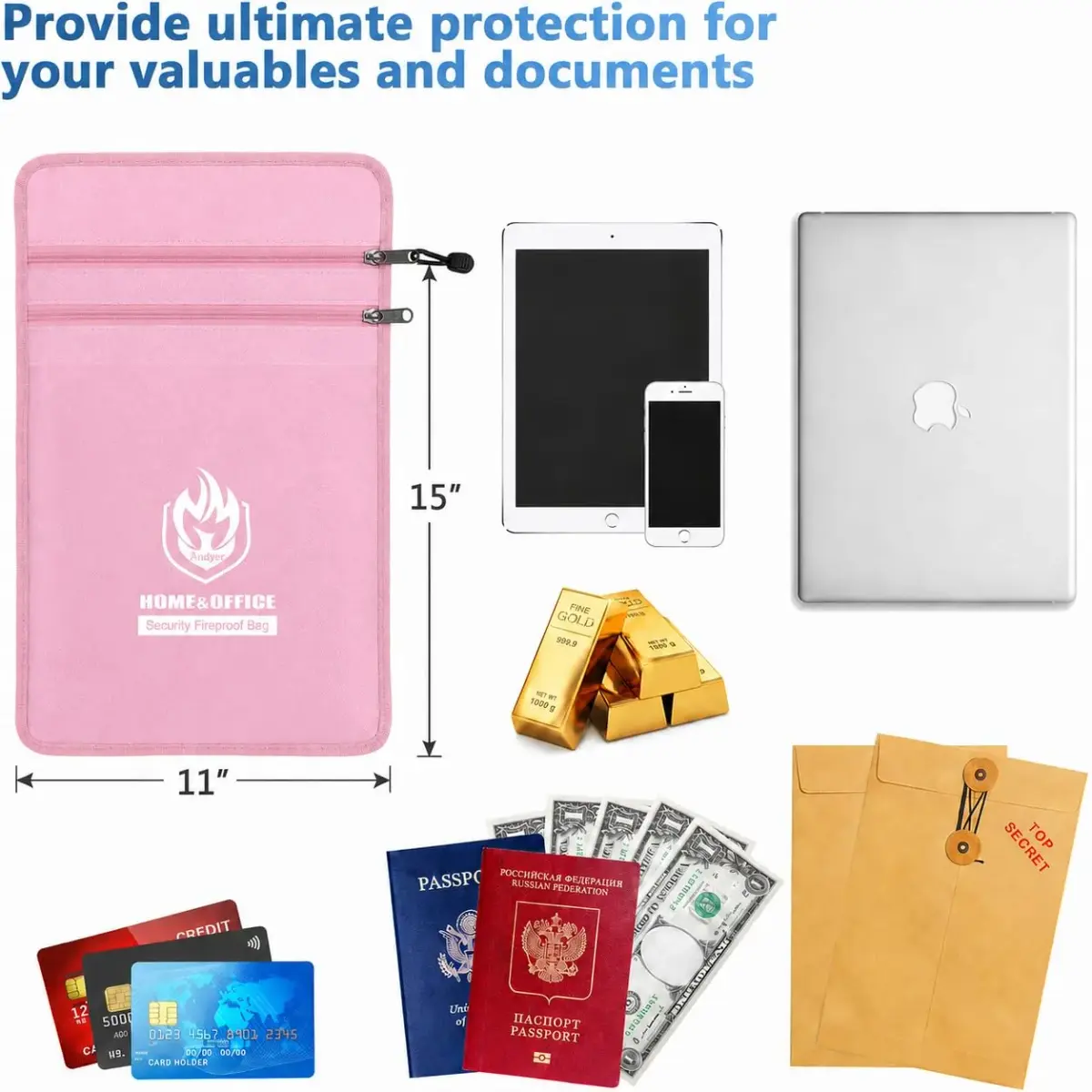 Andyer Fireproof Document Bag 38cm x 28cm (15"x11") | UL Certified Protection for Valuables - view 2
