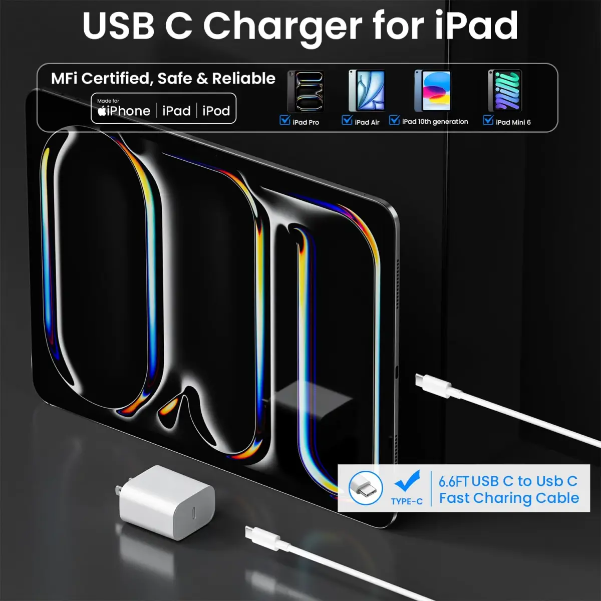 Aevonz 20W USB C Fast Charger & Cable Set 2m (6.6ft) | MFi-Certified for iPad & iPhone - view 2