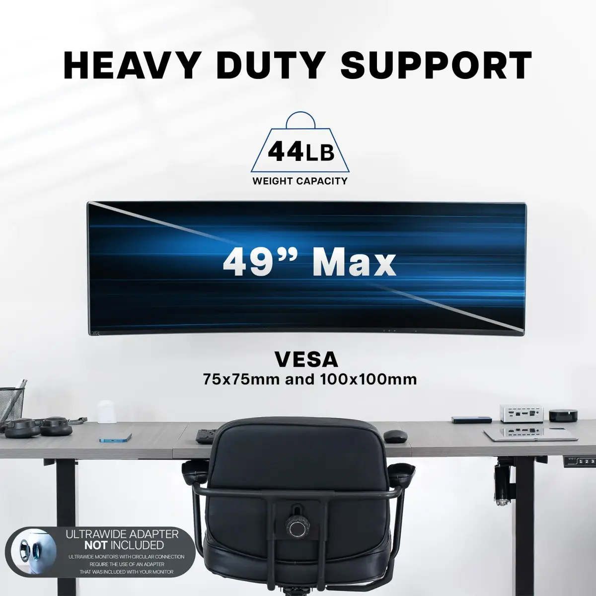 VIVO Black Heavy Duty Monitor Mount Wall Bracket for Ultrawide Screens up to 49 inch | 6.3 inch Height Adjustment - view 6