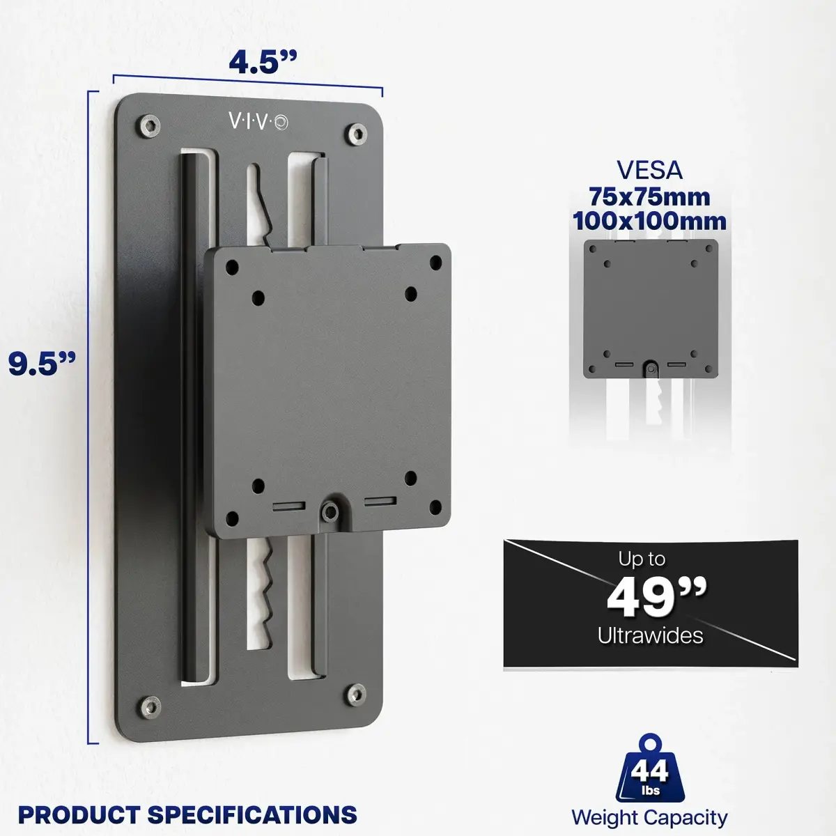 VIVO Black Heavy Duty Monitor Mount Wall Bracket for Ultrawide Screens up to 49 inch | 6.3 inch Height Adjustment - view 3
