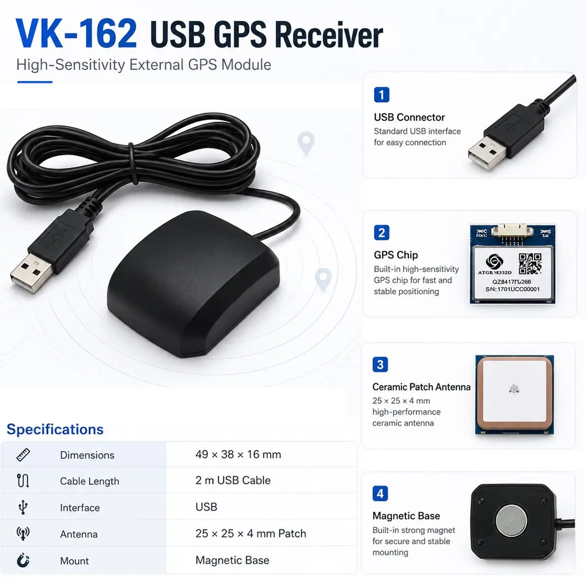 Geekstory VK-162 G-Mouse USB GPS Receiver Dongle with External Antenna for Raspberry Pi & Windows/Linux - 2 Pack | 50-Channel Navigation Module - view 2